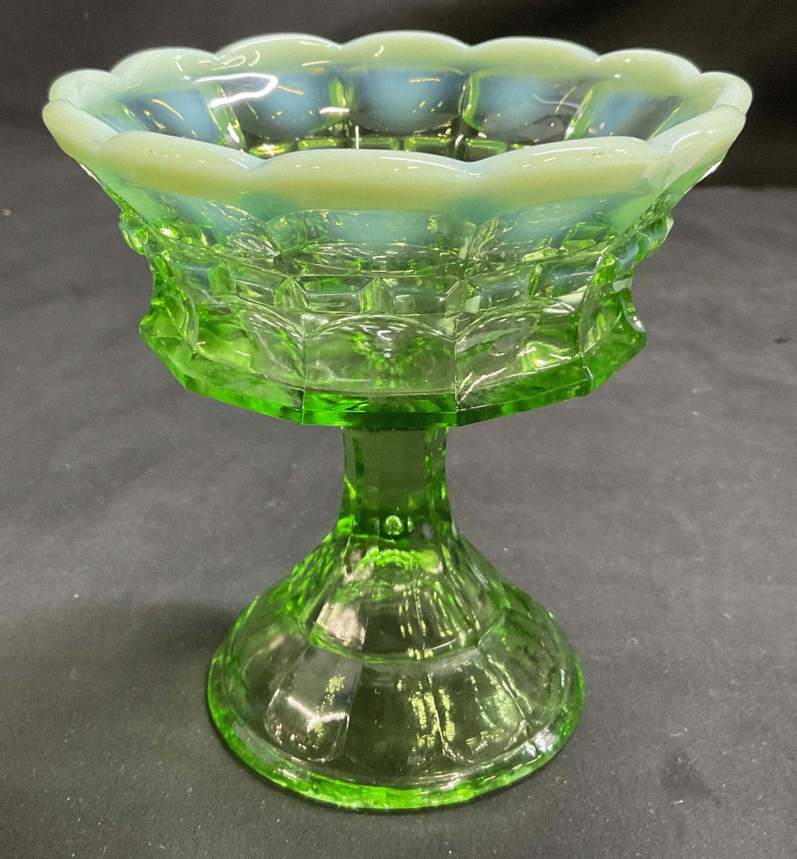 VTG Green Pressed Glass Opalescent Rim Compote (1 of 7)