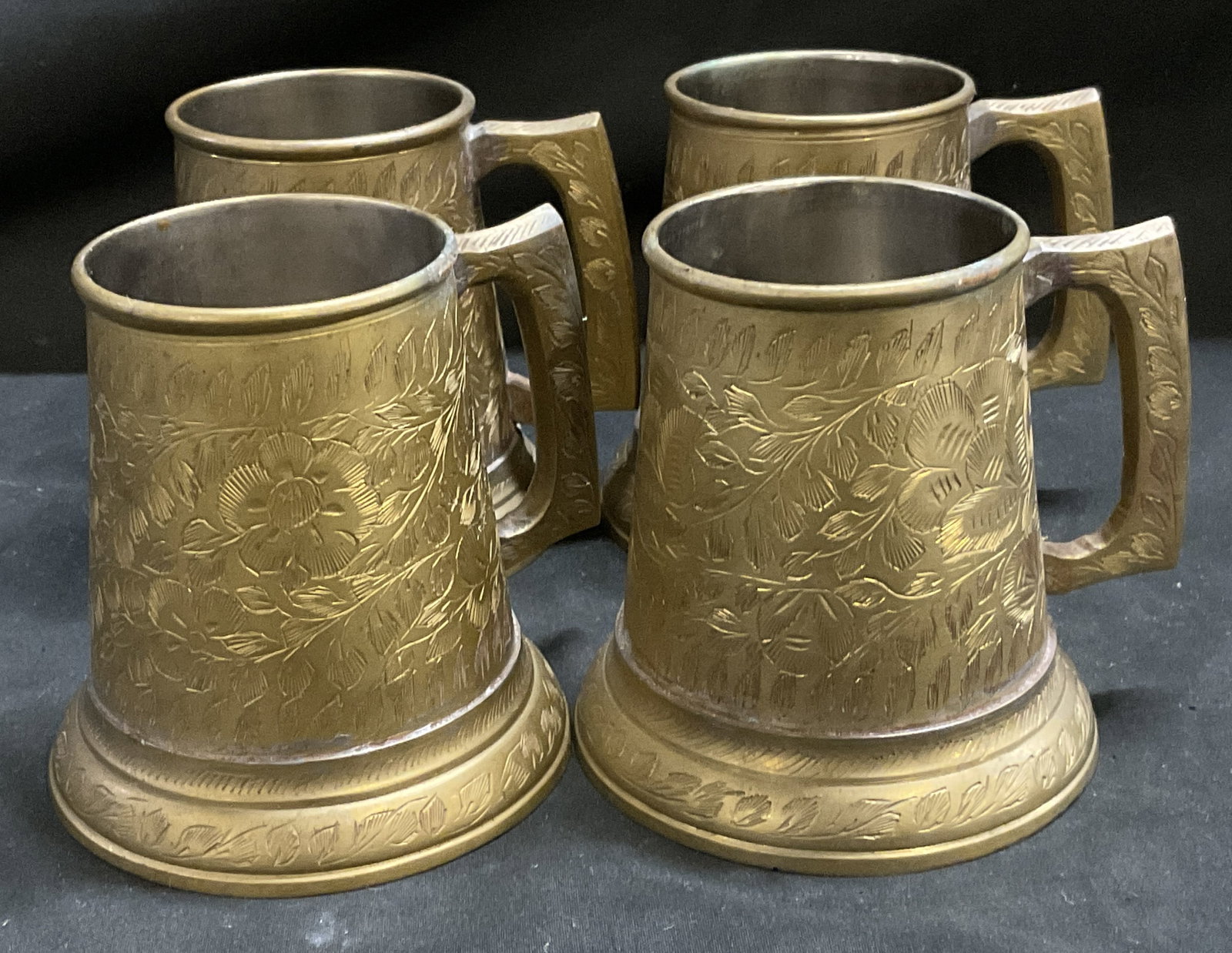Set4 VTG Floral Engraved Brass-Plated Mugs INDIA (1 of 9)