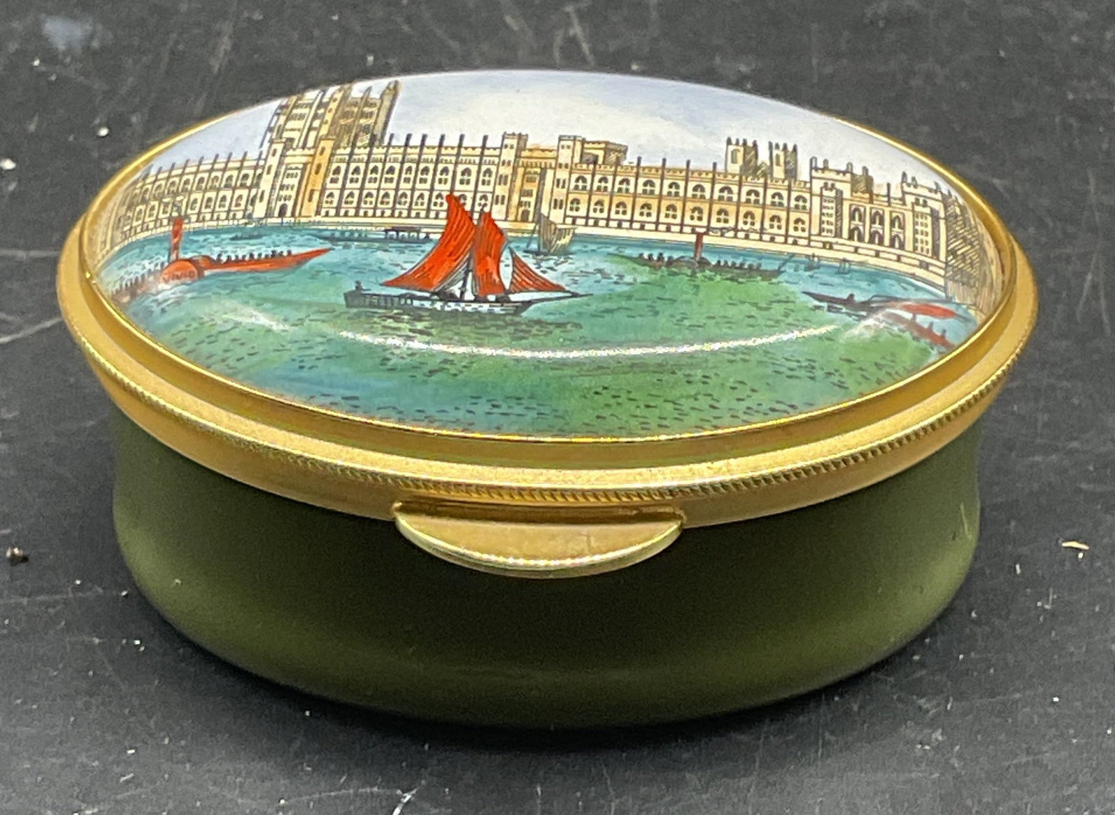 Staffordshire Enamels Parliament Trinket Box: Signed Staffordshire Enamels trinket box. The New Houses of Parliament. Enamel over metal. Made in England. Measures approx. 2 x 1.5 x 1 inches. Some scratching. Staffordshire enamels, enamel trinket 