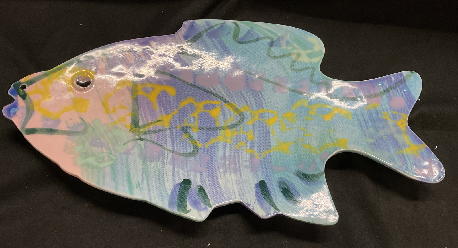 SIGNED VTG Jim Rice Abstract Fish Platter FLORIDA: Signed Vintage Circa 1980s-1990s Jim Rice Ceramic Fish Platter. Hand-Painted Pastel Colors and Abstract Designs. Made in Studio The Clay Place in Naples, Florida. Marked with Production Number. Condit