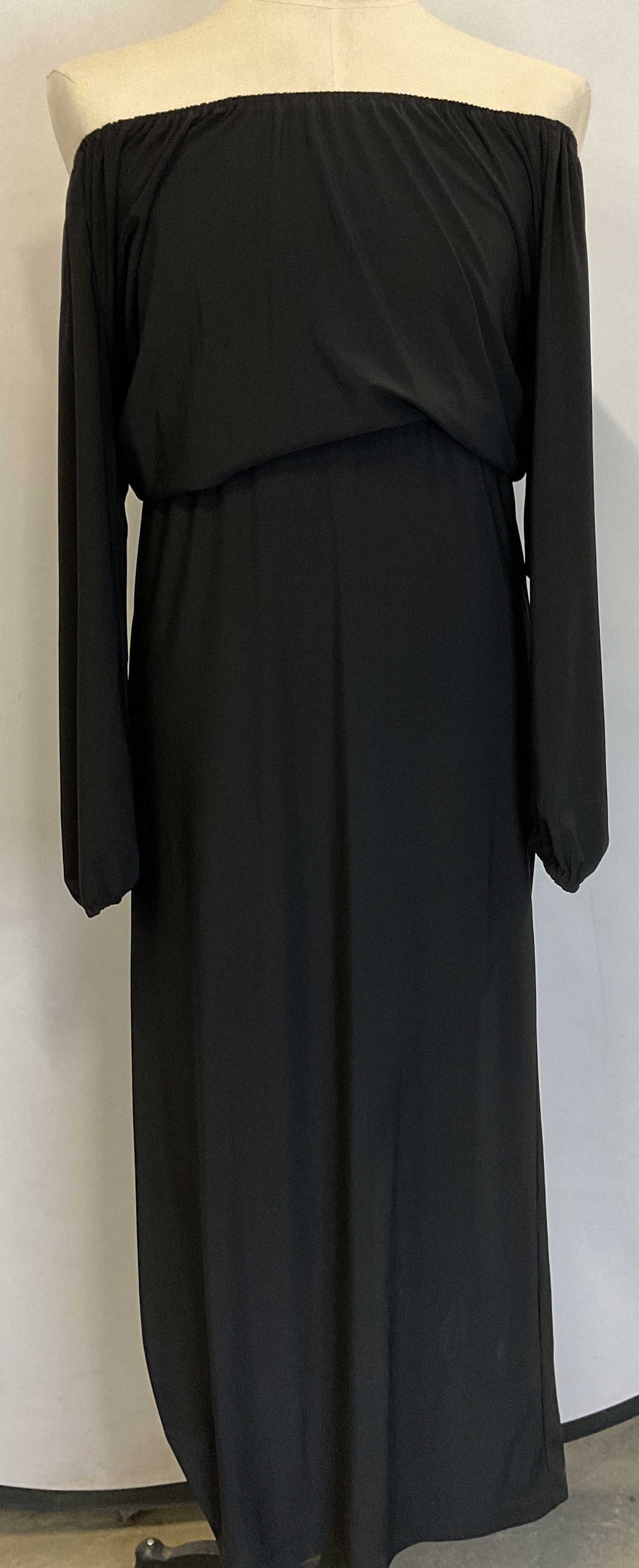 Curations black off the shoulder dress: Curations black off the shoulder dress. Made of 95% polyester and 5% spandex in size XS. Dress has elastic neckline, waist and sleeve cuffs. Floor length with long sleeves. Black dress, off the