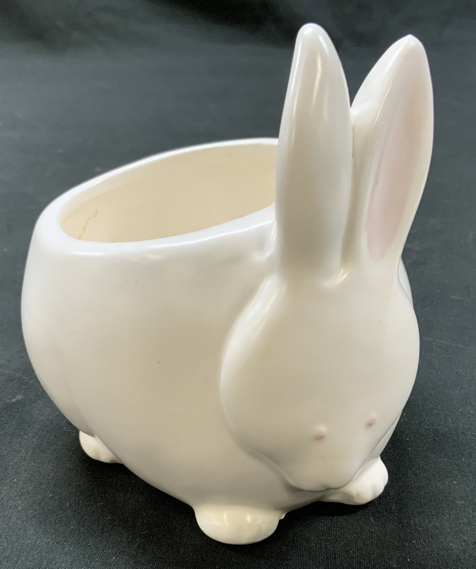 Vtg Dept 56 Ceramic Chubby Bunny Planter, JP: Vintage Department 56 Chubby Bunny Planter/Candy Dish. Made in Japan. Glazed fine ceramic. Chubby bunny shaped planter, candy dish, trinket bowl. Measures approx. 4 x 3 in x 4in Surface wear consisten