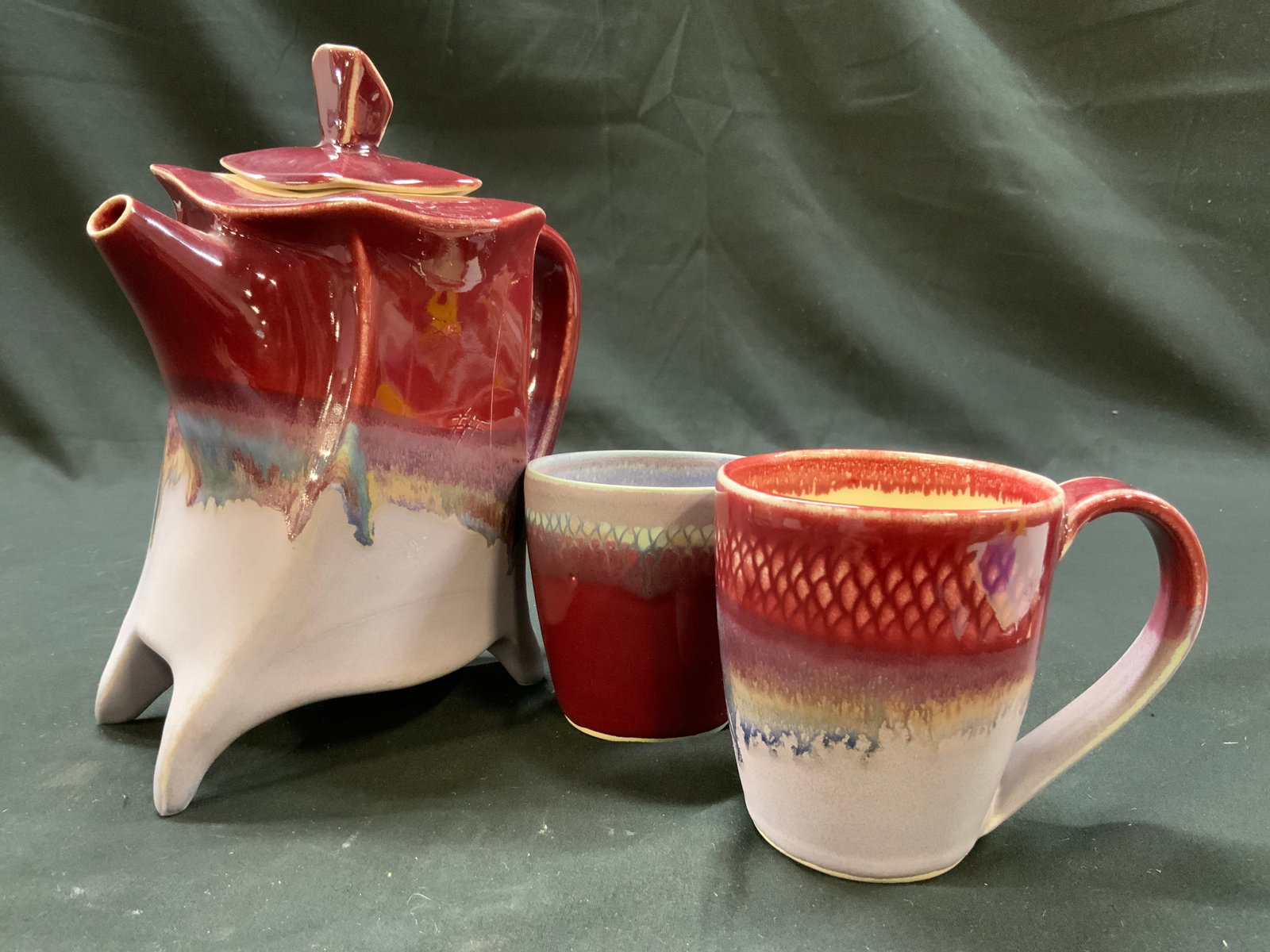 Meyers Art Lt3 Hand Thrown Pottery Teapot Mug Set: John & Jan Myers Lot of 3 1x teapot 2x mug hand thrown pottery set. Stoneware clay. Asymmetrical Geometric tea pot. Matching standard mugs. Myersart Pottery South Carolina, USA. bottom marked Myersart