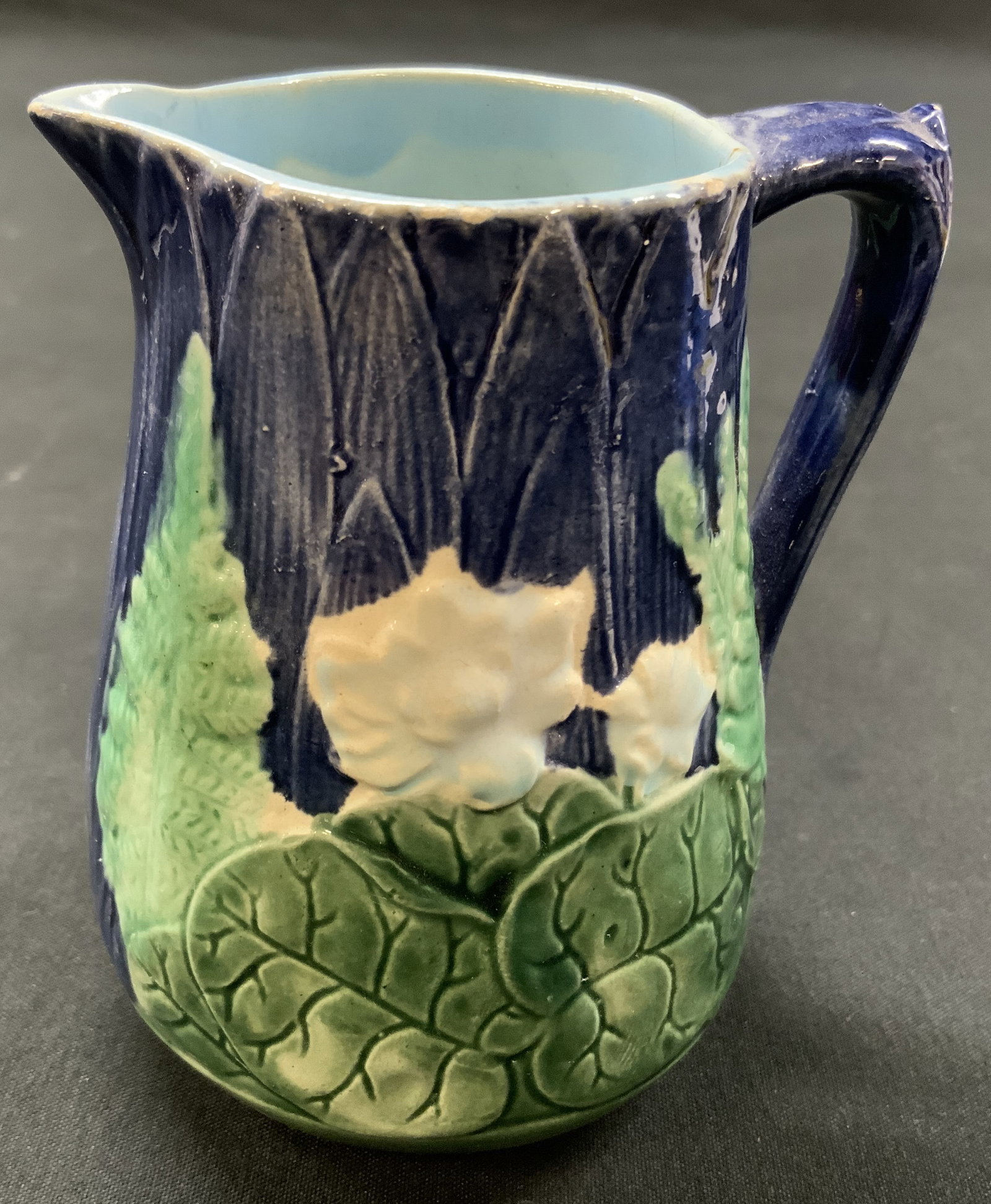 Antq Majolica Cobalt Geranium Creamer Pitcher (1 of 7)