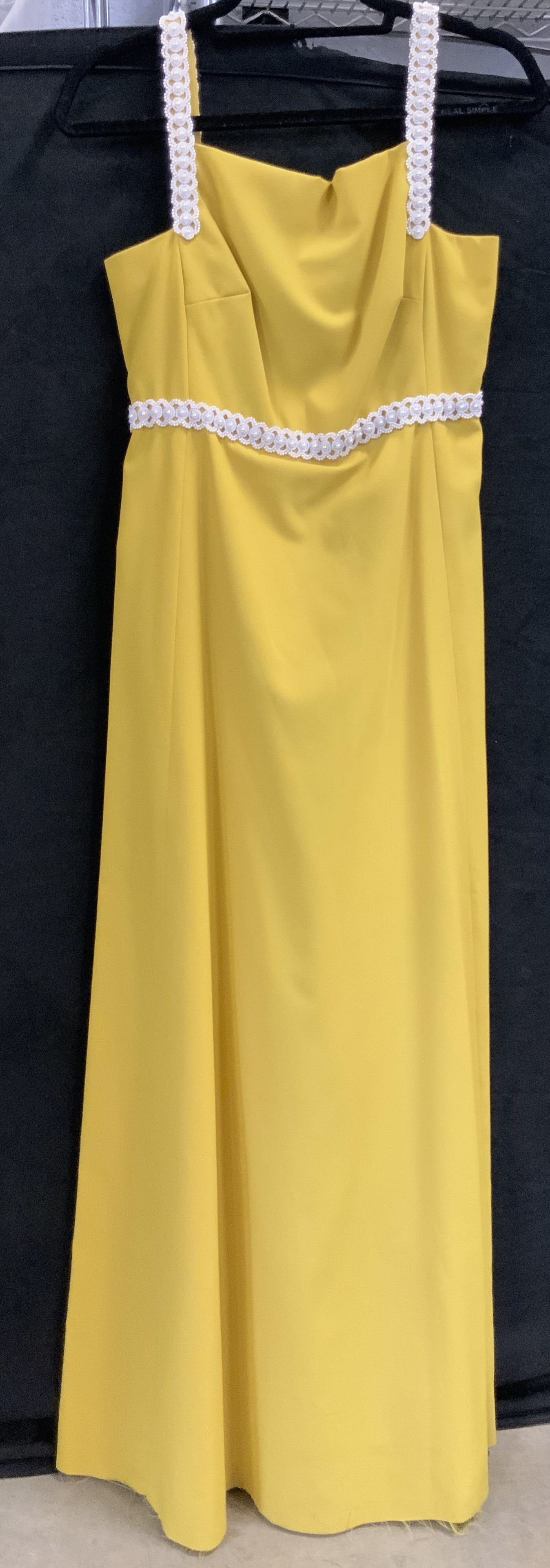 Yellow formal floor length dress with pearls
