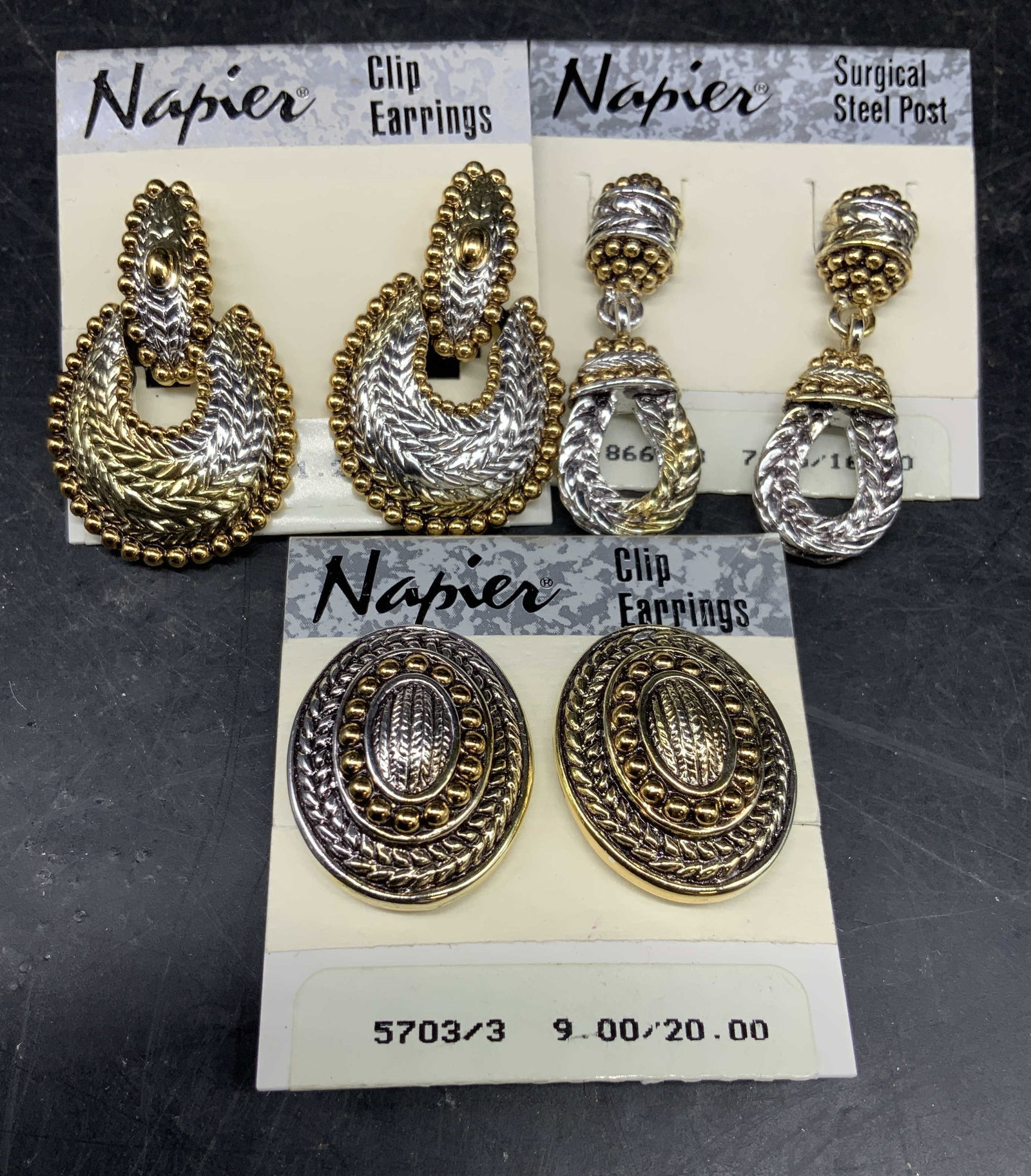 Lot 3 Vintage Napier Earring sets: Gold and silver tone twist earring set, vintage Napier, largest measures 2 inches, estate jewelry