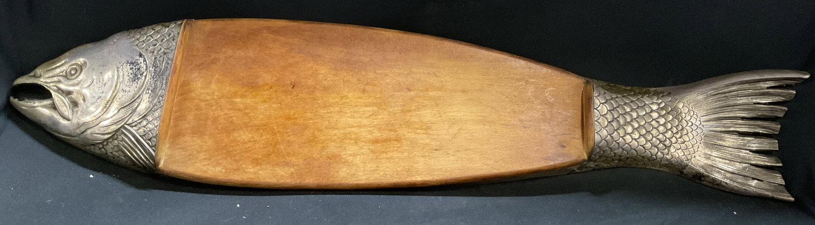 VTG 30s Grife & Escoda Fish Serving Board SPAIN: Vintage Circa 1930s Grife & Escoda Fish Serving Board. Wooden Mid Section with Alpaca Alloy Head, Tail, and Frame. Made in Spain. Used for Slicing Salmon or Charcuterie. Aging and Tarnishing to Metal.