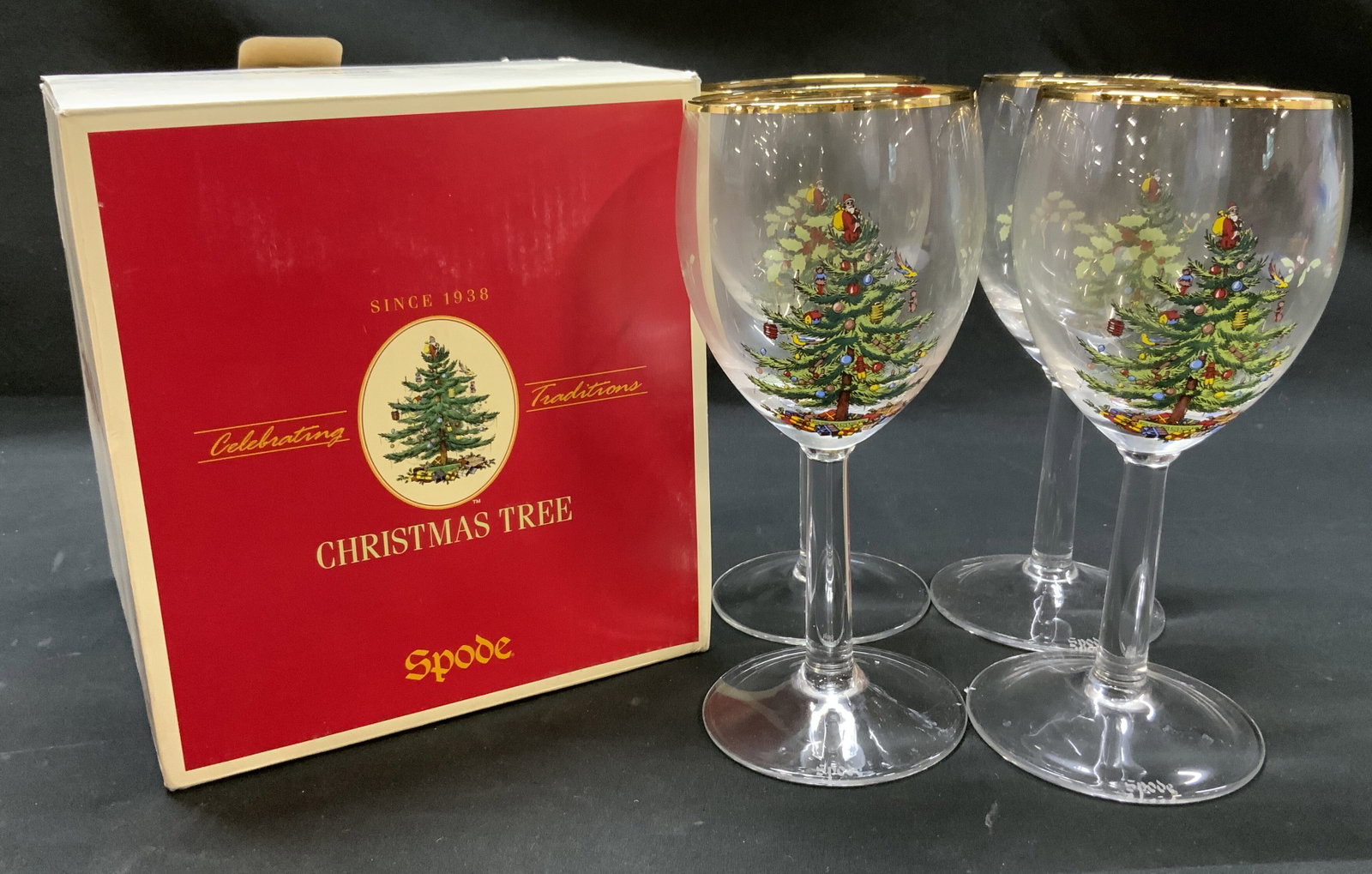 Vtg Lt4 Spode Xmas Tree 13oz Wine Glasses (1 of 7)