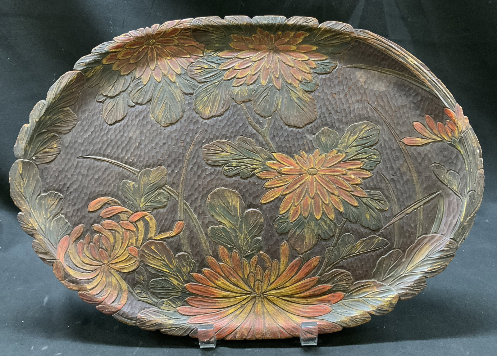 Antq Carved Wood Chrysanthemum Tray, Japan