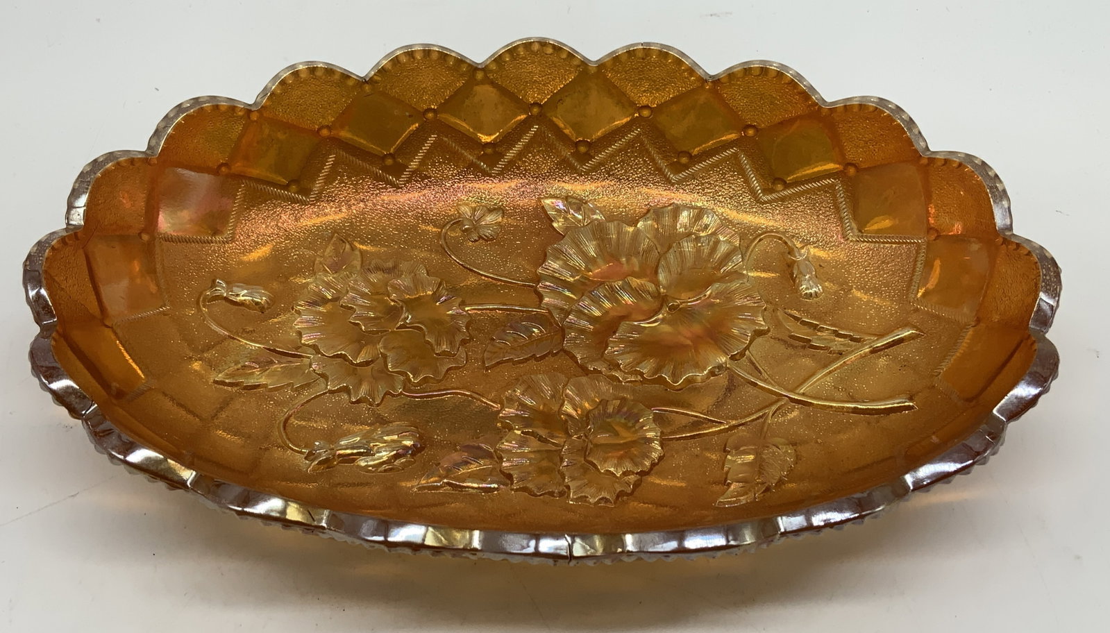 Vtg Pansy Carnival Glass Relish Dish