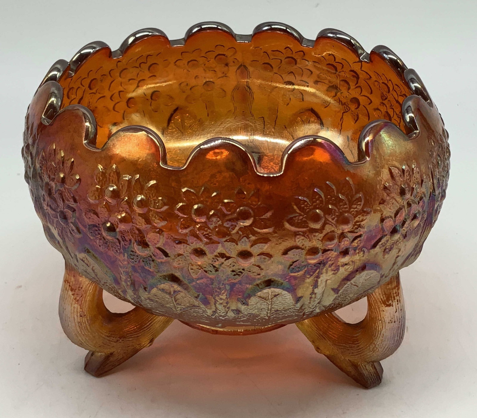 Vtg Fenton Orange Tree Carnival Glass Footed Bowl (1 of 6)