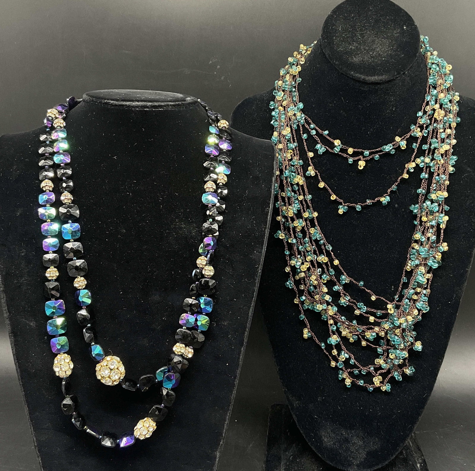 Lt2 VINTAGE Multi-Strand Beaded Necklaces: 2 Vintage Necklaces. 1.) Vintage Multi-Strand Aurora Borealis Glass Bead Necklace with Rhinestone Encrusted Gold-Toned Pave Ball Beads. 2.) Boho Multi-Strand Air-Crochet Blue and Yellow Seed Beed Neck