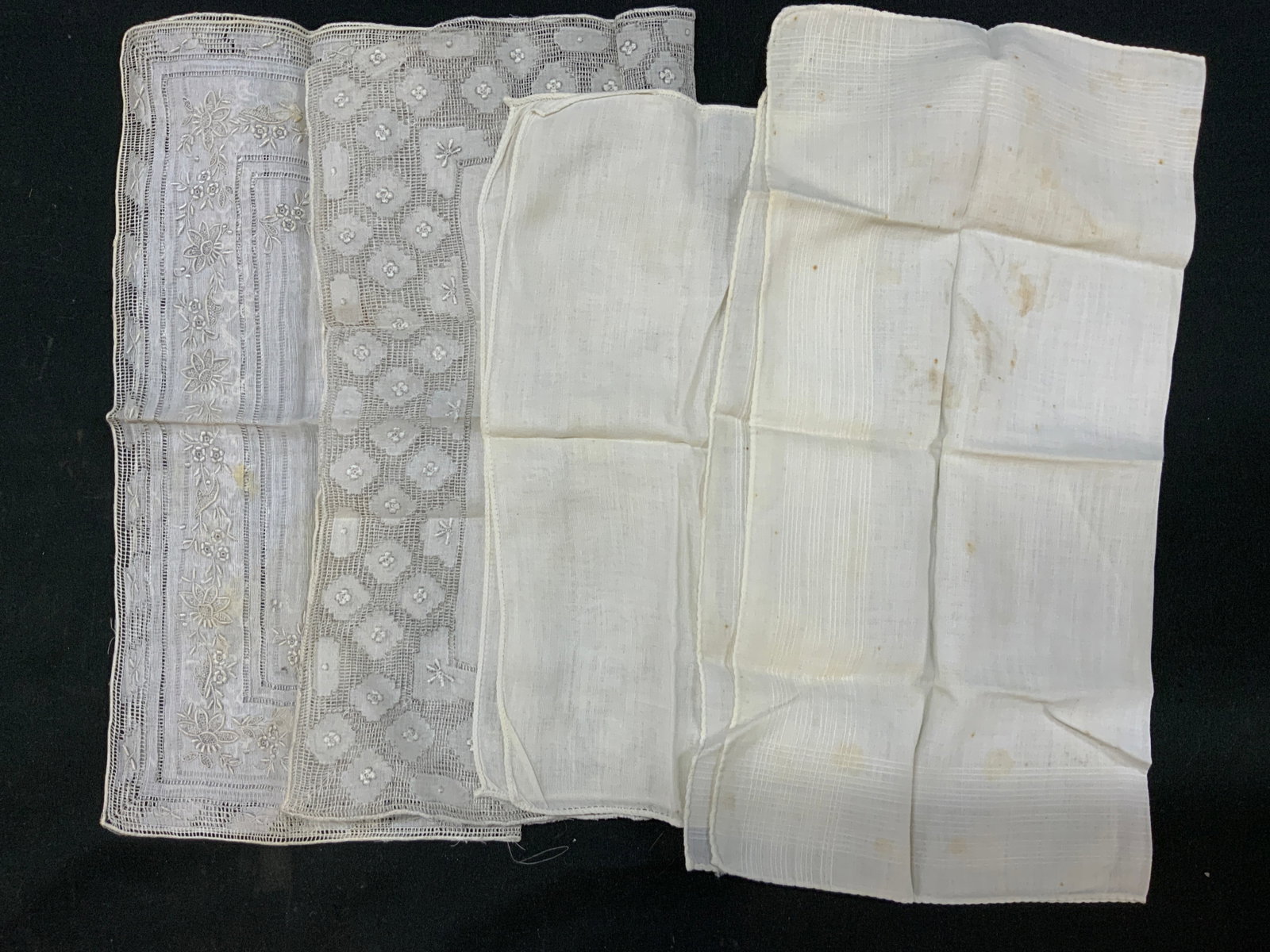 Vtg Assorted Lt4 White Handkerchiefs: Vintage lot of 4 white handkerchiefs with assorted designs/embroidered. Semi-sheer cotton lawn. Measures approx. 11 x 11 inches. Vintage Doilies, Crocheted, Lace, Tea Decor, Table Decor, Home Decor 6 