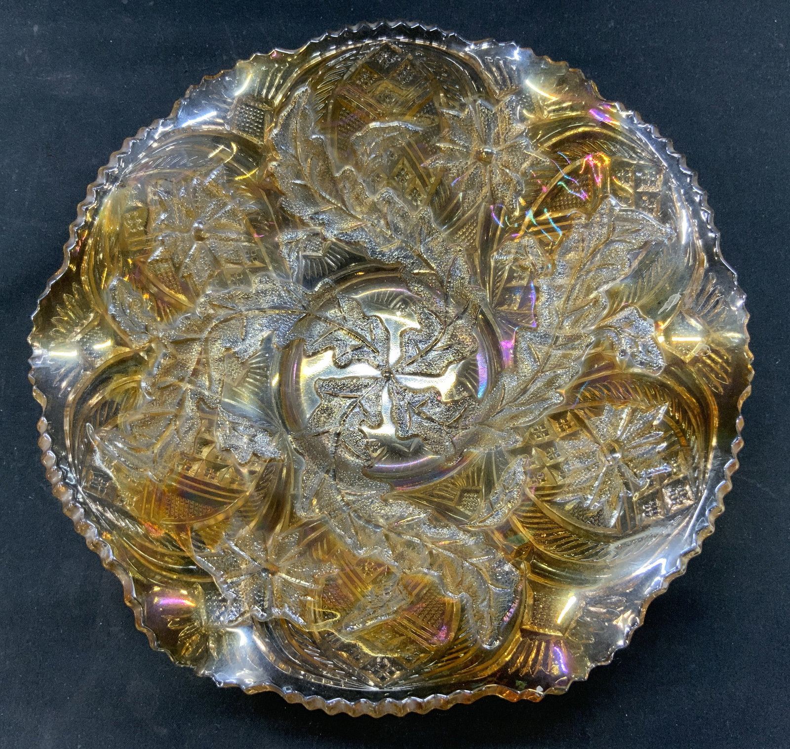 Antq Imperial Twins Marigold Carnival Glass Bowl: Antique Imperial Glass Twins Marigold Carnival Glass Ruffled Bowl. American pressed glassware, twins pattern. Marigold iridescent luster. Detailed geometric pressed panels of arches, starbursts, and d