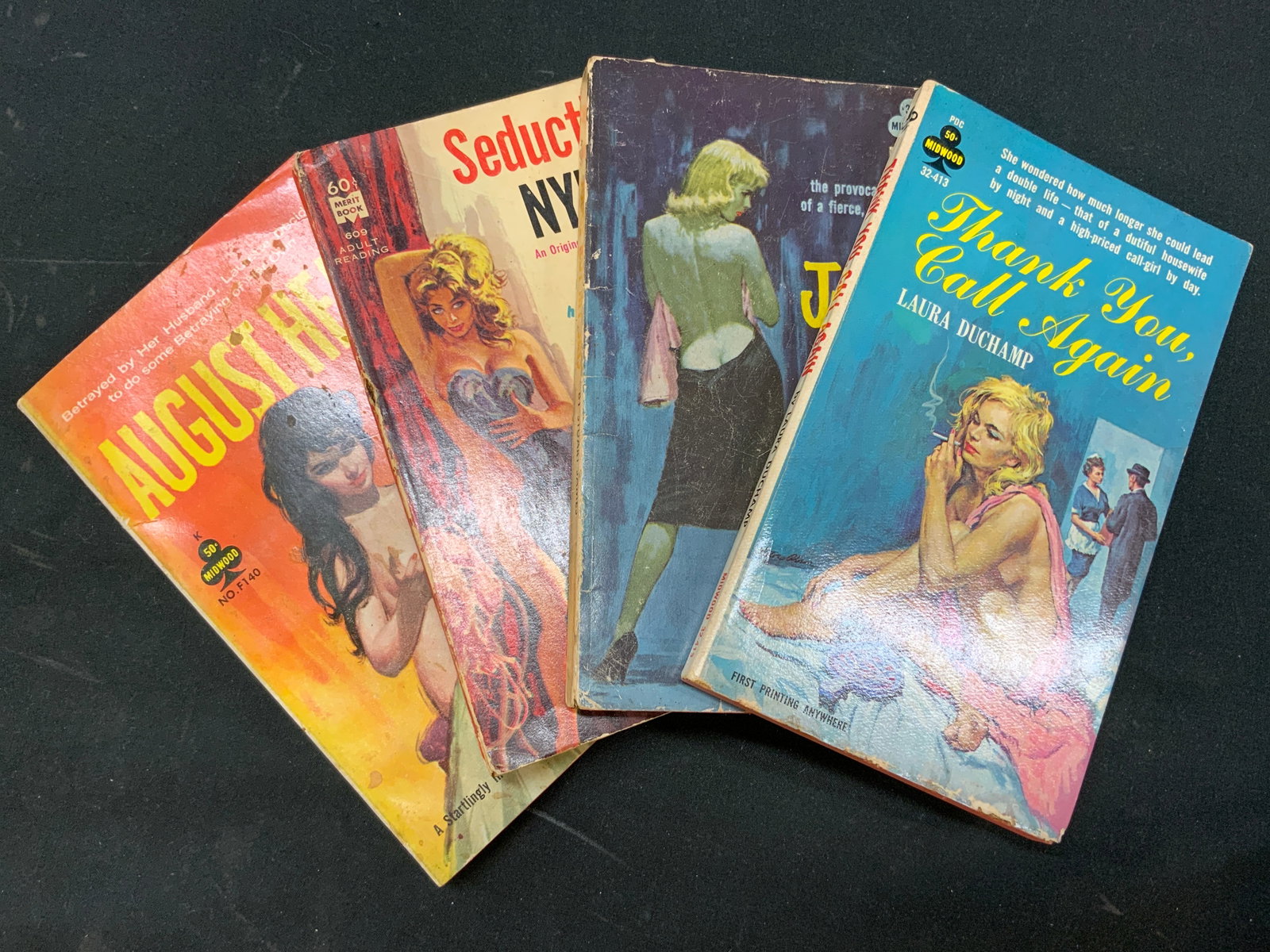 Lt4 Vtg 1960s Erotica/Sleaze Pulp Books: Lot of 4 Vintage 1962-1966 Erotica/Sleaze Pulp Books. Includes 1x August Heat by Roger Allen, Published 1962 by Midwood Books. 1x Seductive Nymph by Jerry M. Goff, Jr. Published 1966 by Camerats