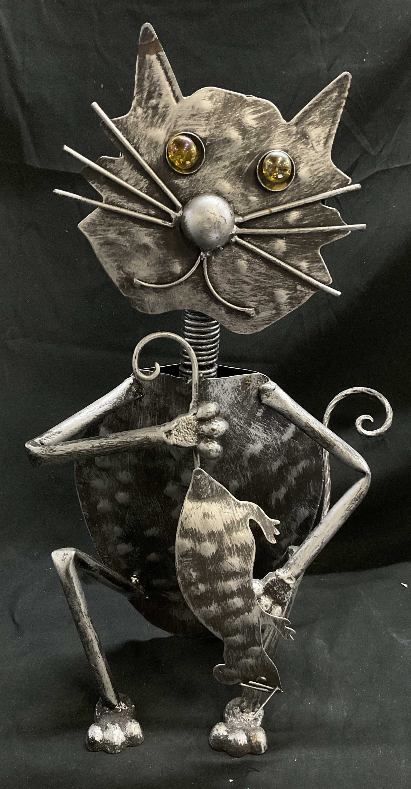 Metal Folk Art Cat with Mouse Sculpture (1 of 8)