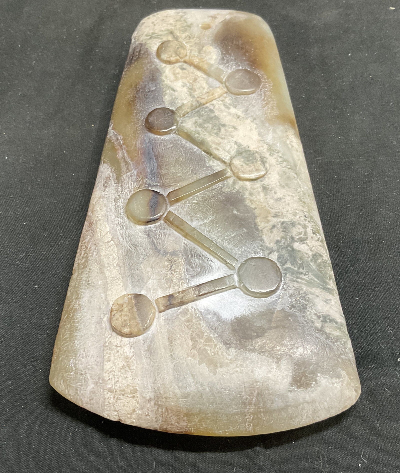 Chinese Mottled Jade Ritual Tablet Replica: Chinese Mottled Jade Ritual Tablet Replica. Raised Celestial Star Constellation Design. Historically Tablets Were Held by Elite Officials to Symbolize Authority and Cosmic Connection. Condition Consis