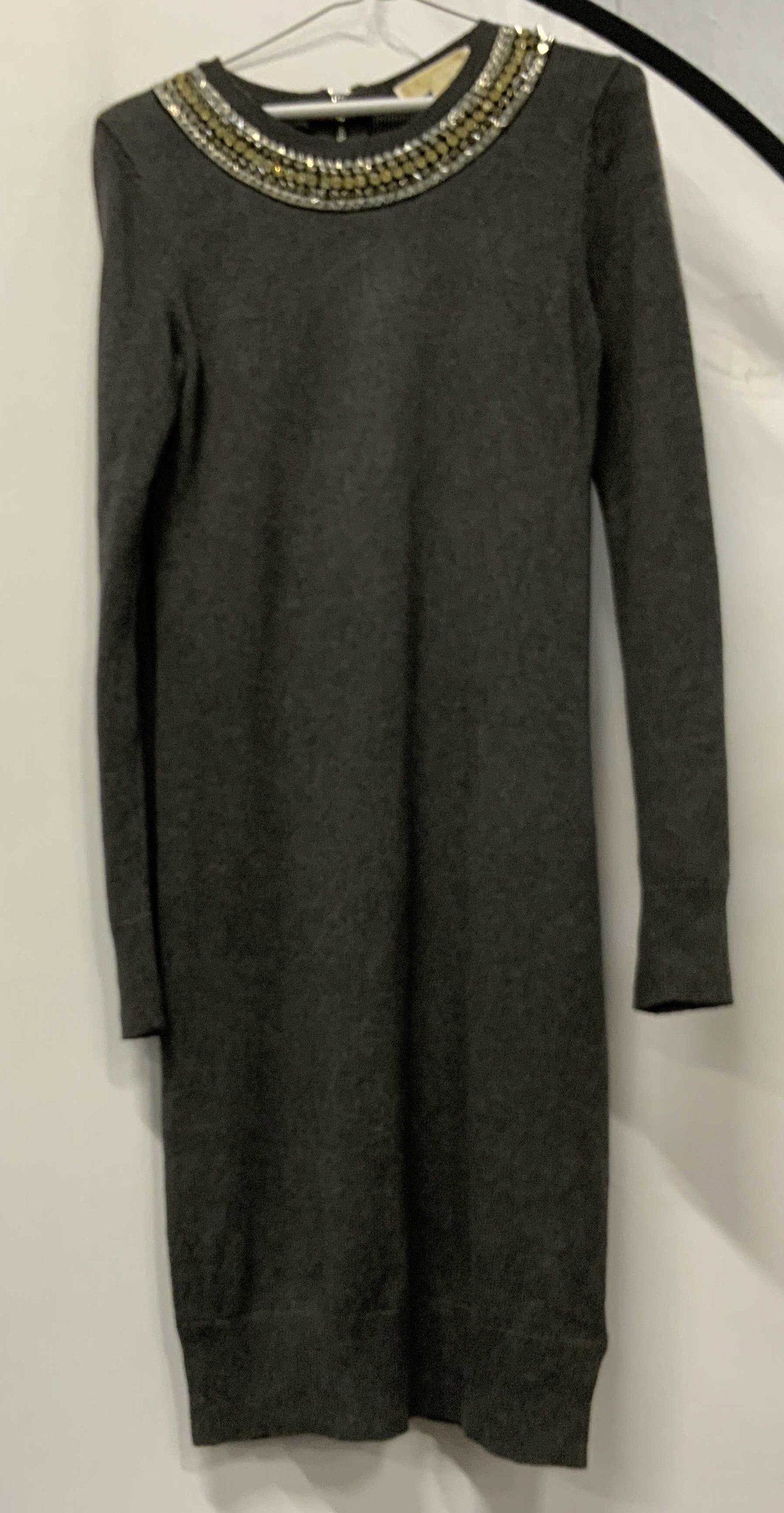 Michael Kors studded sweater dress: Michael Kors studded sweater dress. Made of cotton, viscose and rabbit hair blend for a dark grey sweater fabric. Features a studded neckline and a back zipper closure. Size xs Fashion, sweater dress,