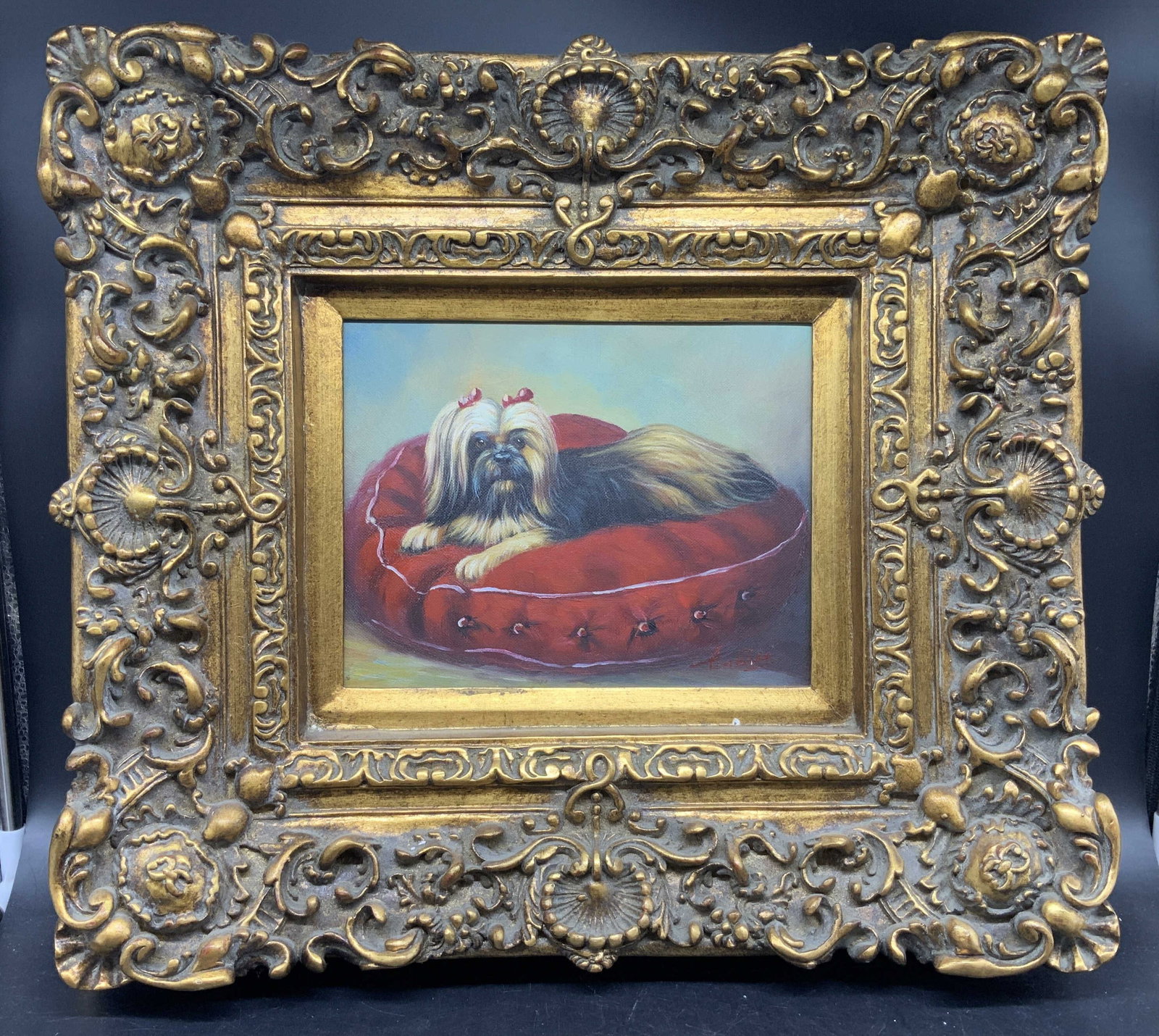 Vntg Signed Dog Oil Painting baroque frame