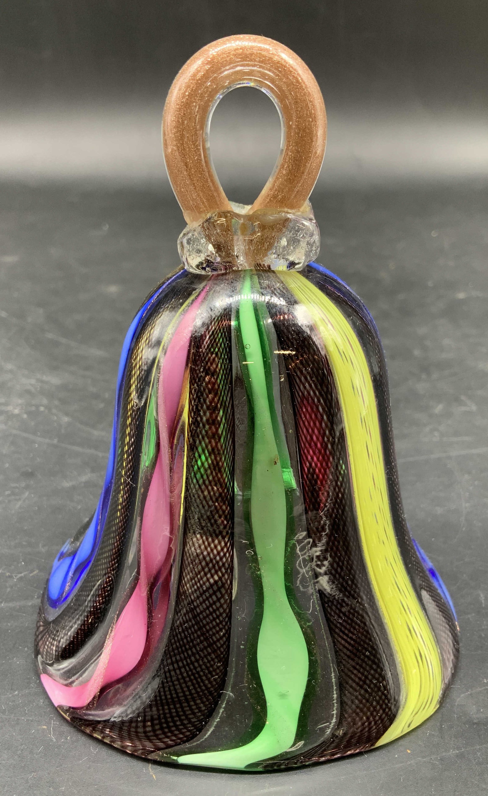 Vntg Murano Latticino Art Glass Bell, Italy: Vintage Murano Latticino Art Glass Bell, Italy, handblown piece featuring a latticino twisted ribbon design in bright rainbow colored stripes and aventurine accents for a shimmering effect, measures H