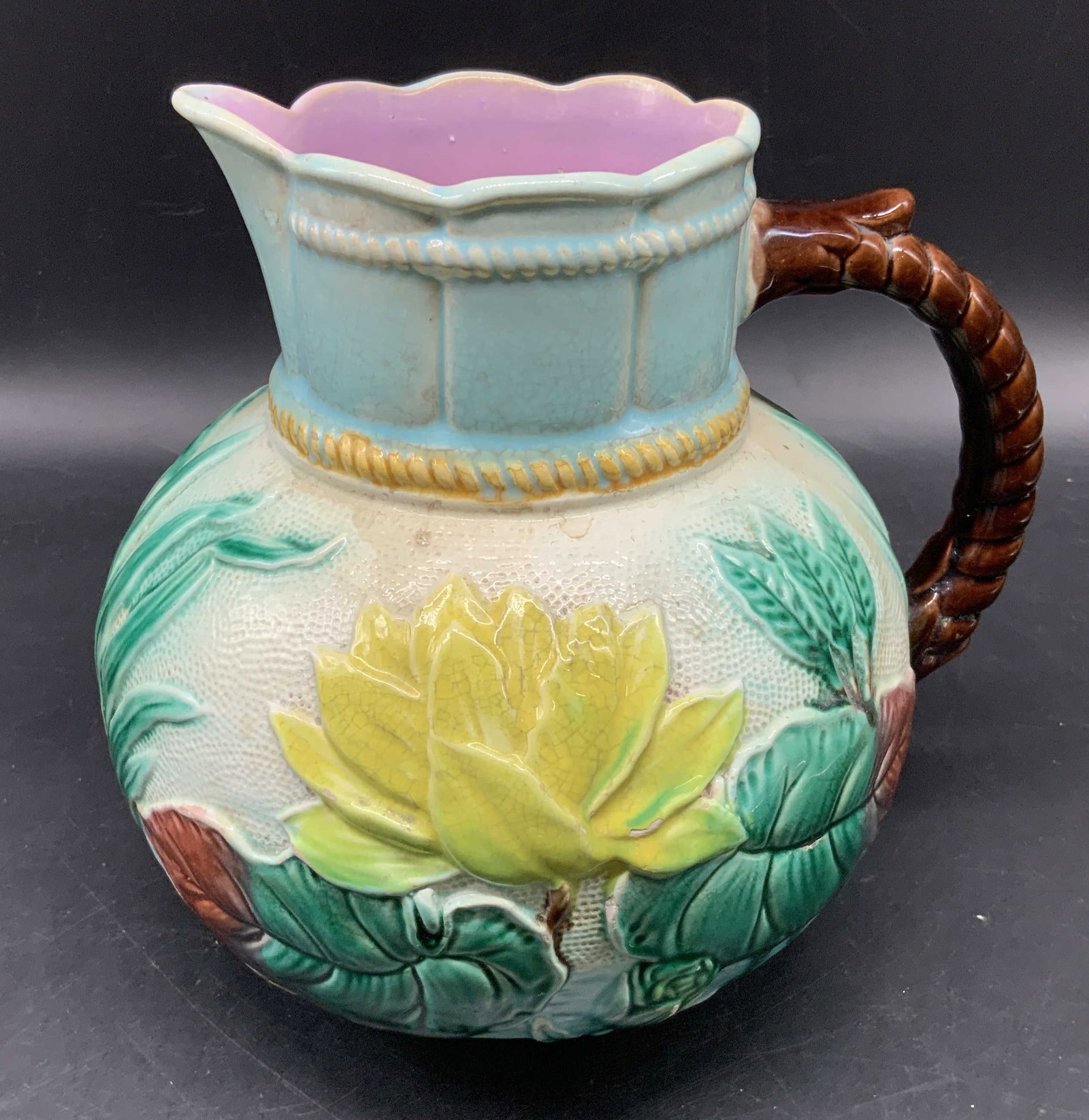 Antq Samuel Lear Majolica Pitcher C1880, Eng (1 of 16)