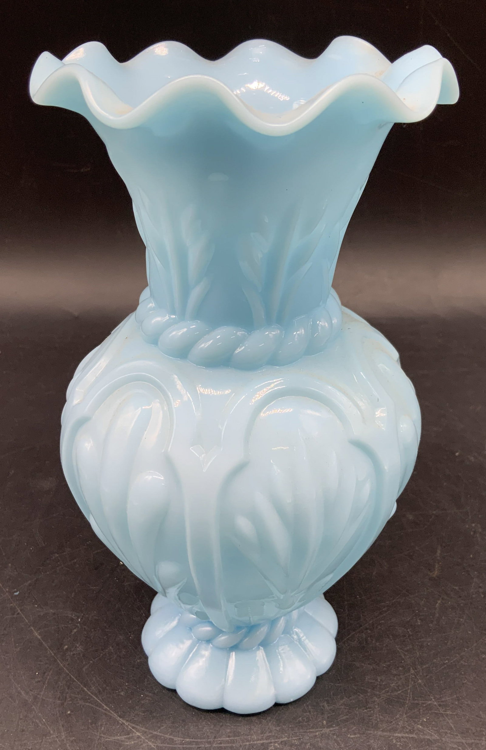 Vntg Fenton Blue Satin Glass Arches Swirls Vase