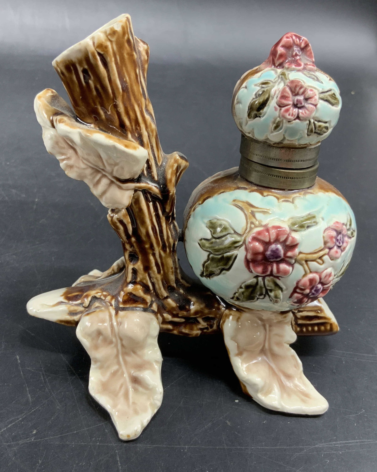 Antq English Majolica Lidded Inkwell: Victorian English Majolica Inkwell, with tree and leaf form to hold quill pen and blossom designed bottle form with hinged silver rimmed lid, property of Manhattan Majolica Antiques Dealer and Collect