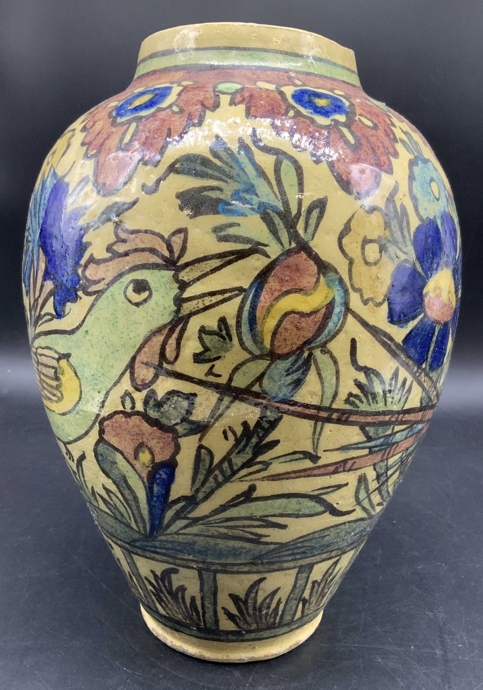Antq Persian Glazed Pottery Vase w Birds
