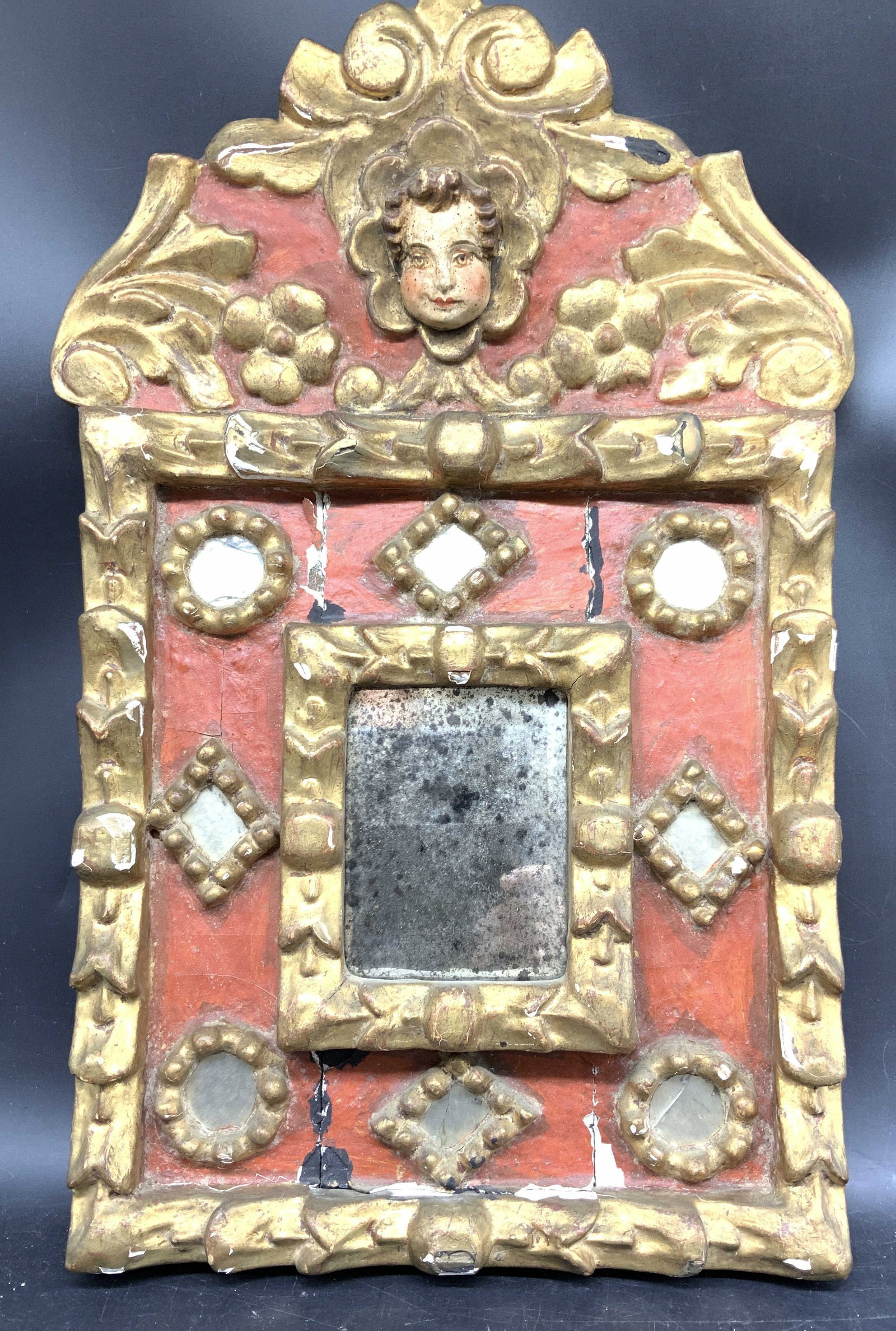Antique Baroque Style Florentine Wood Face Mirror (1 of 11)