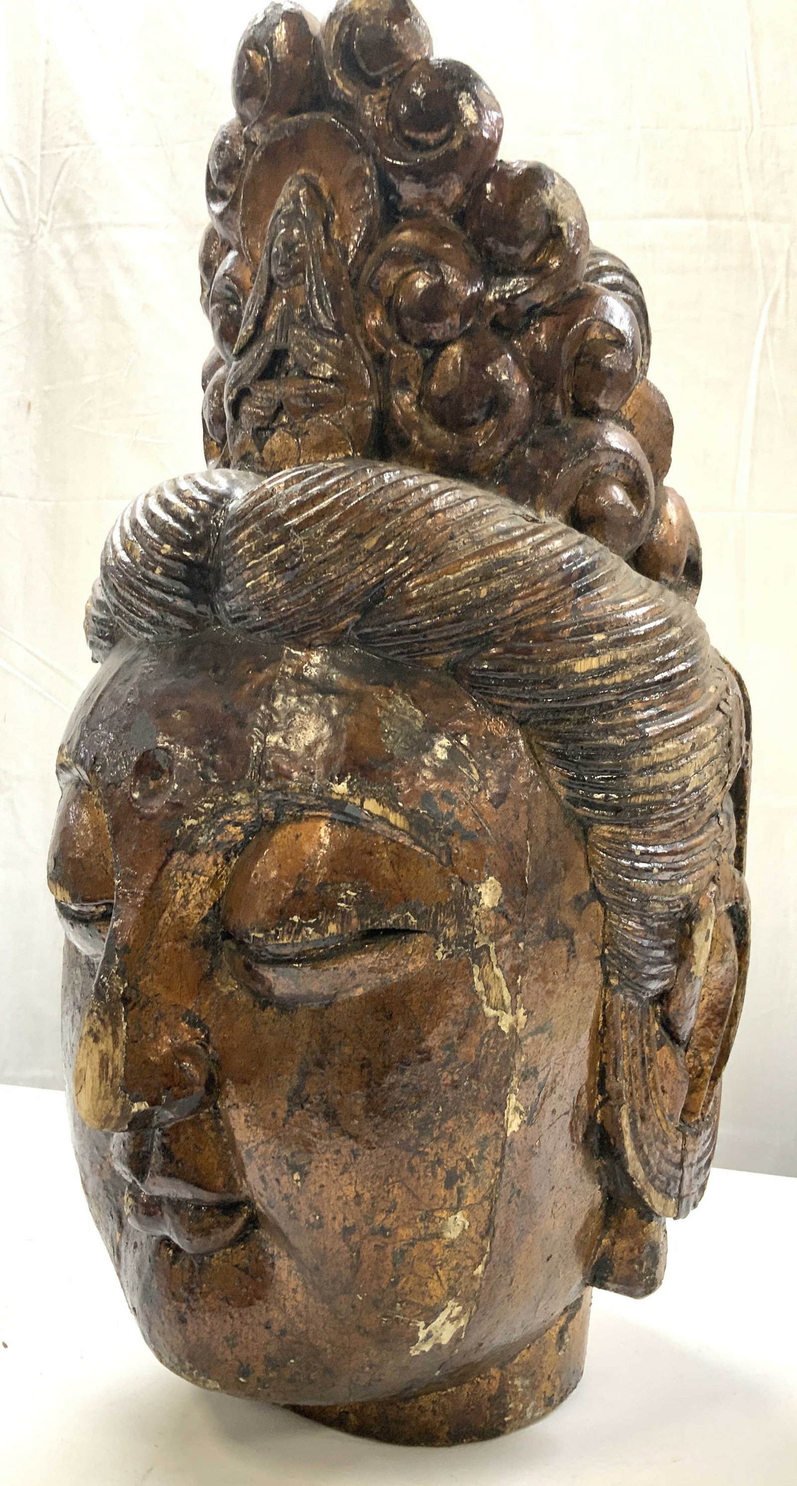 Carved Wood Guanyin Statue w Elaborate Headpiece