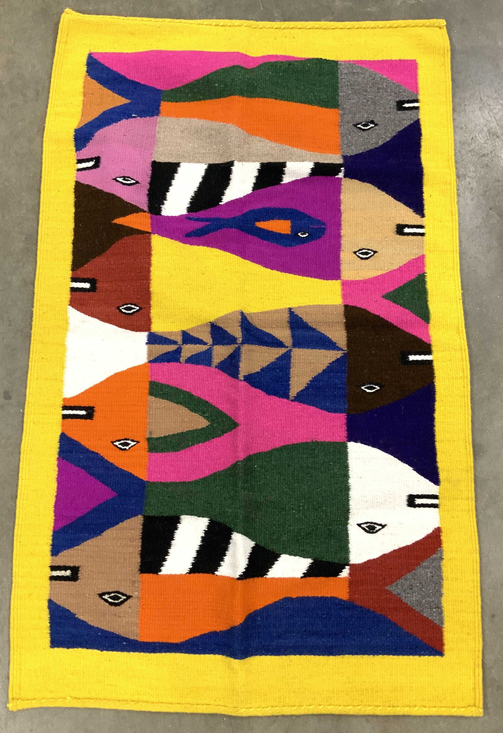 ZAPOTEC Indian Wool Tapestry , modern Fish: Handwoven Zapotec Indian Tapestry wool Rug Wall hanging, from Oaxaca, Mexico, featuring colorful Modern fish in a tessellated design, measures app 49 by 27 inches, design on both sides, Mexican textil