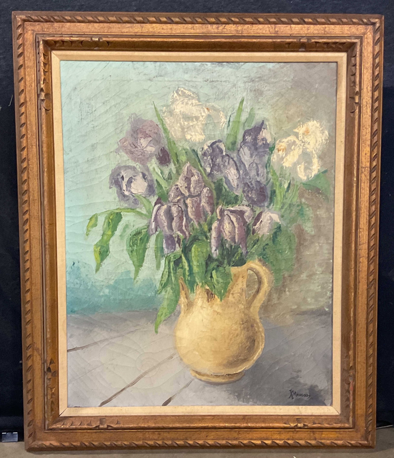 Signed I Margolis Irises Still Life Oil Painting: Framed oil on canvas painting. Signed lower right, I Margolis. Still life with irises. Gilt wood frame. Not examined out of frame. Frame measures approx. 34.5 x 28.5 inches. Wear including craquelure,