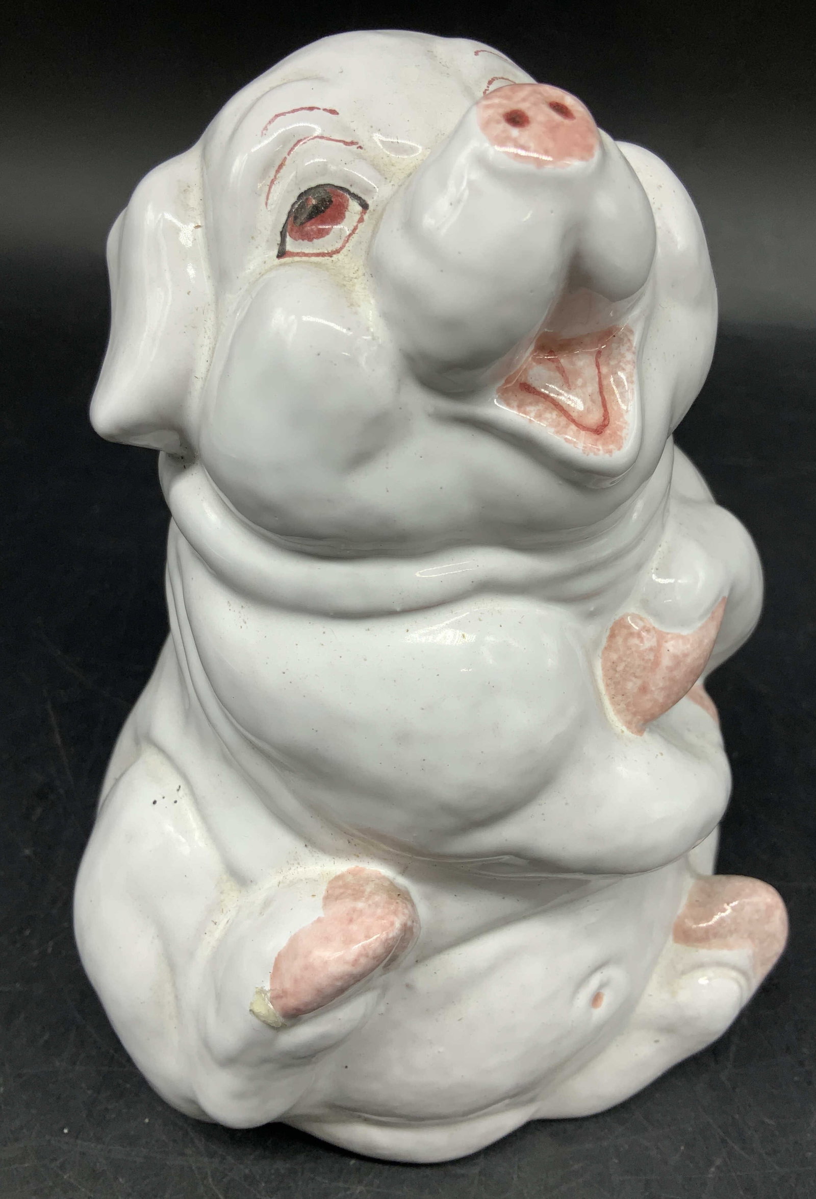 Vntg Italian Terra Cotta Laughing Pig Figure: Vintage Italian Terra Cotta Pottery Laughing Pig figurine featuring a high gloss white glaze and cheerful pink hand painted details, happy pig, laughing pig, designed to sit upright, measures ht app 7