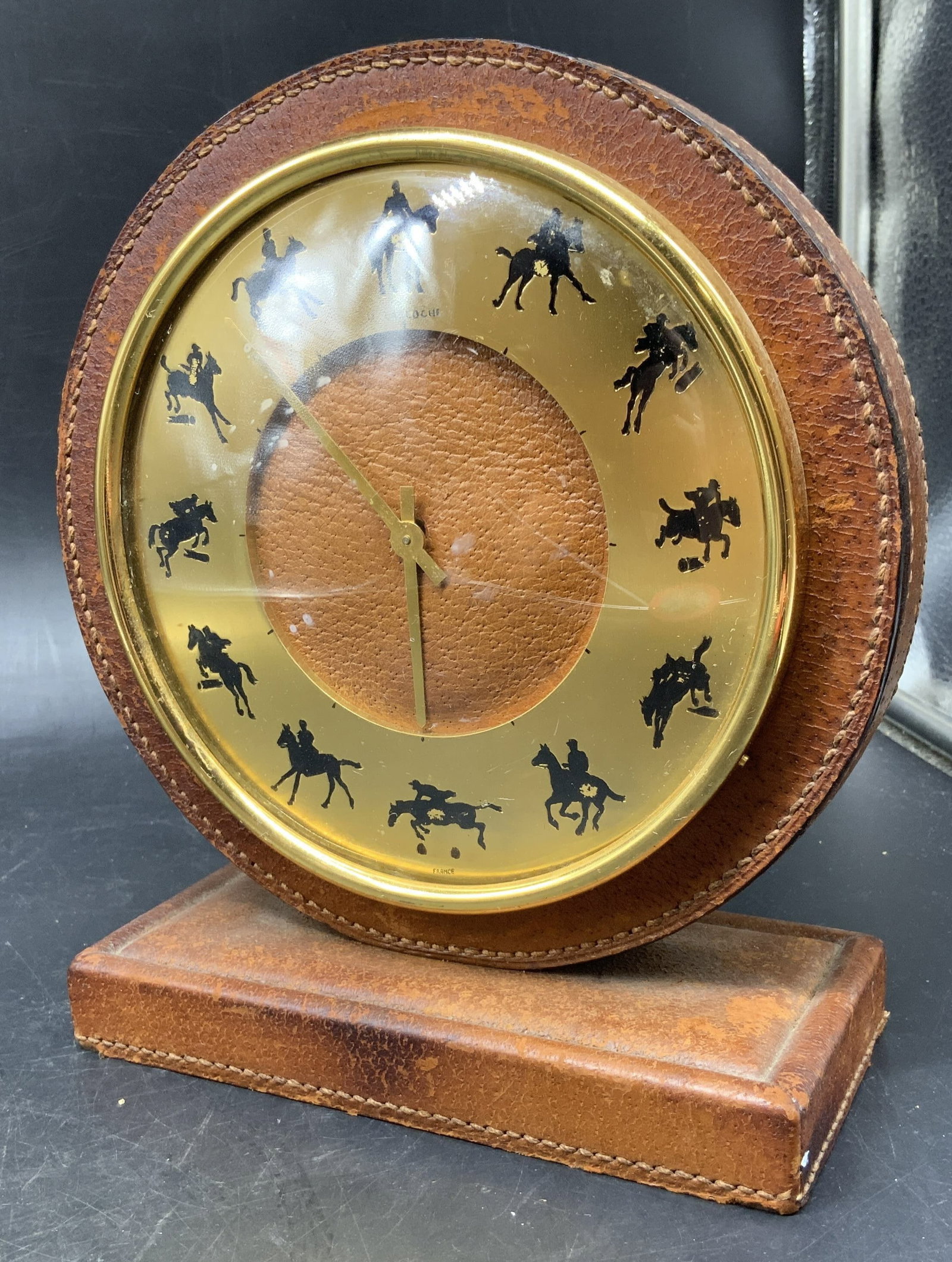 Vntg FRENCH Leather Brass Equestrian Clock (1 of 13)