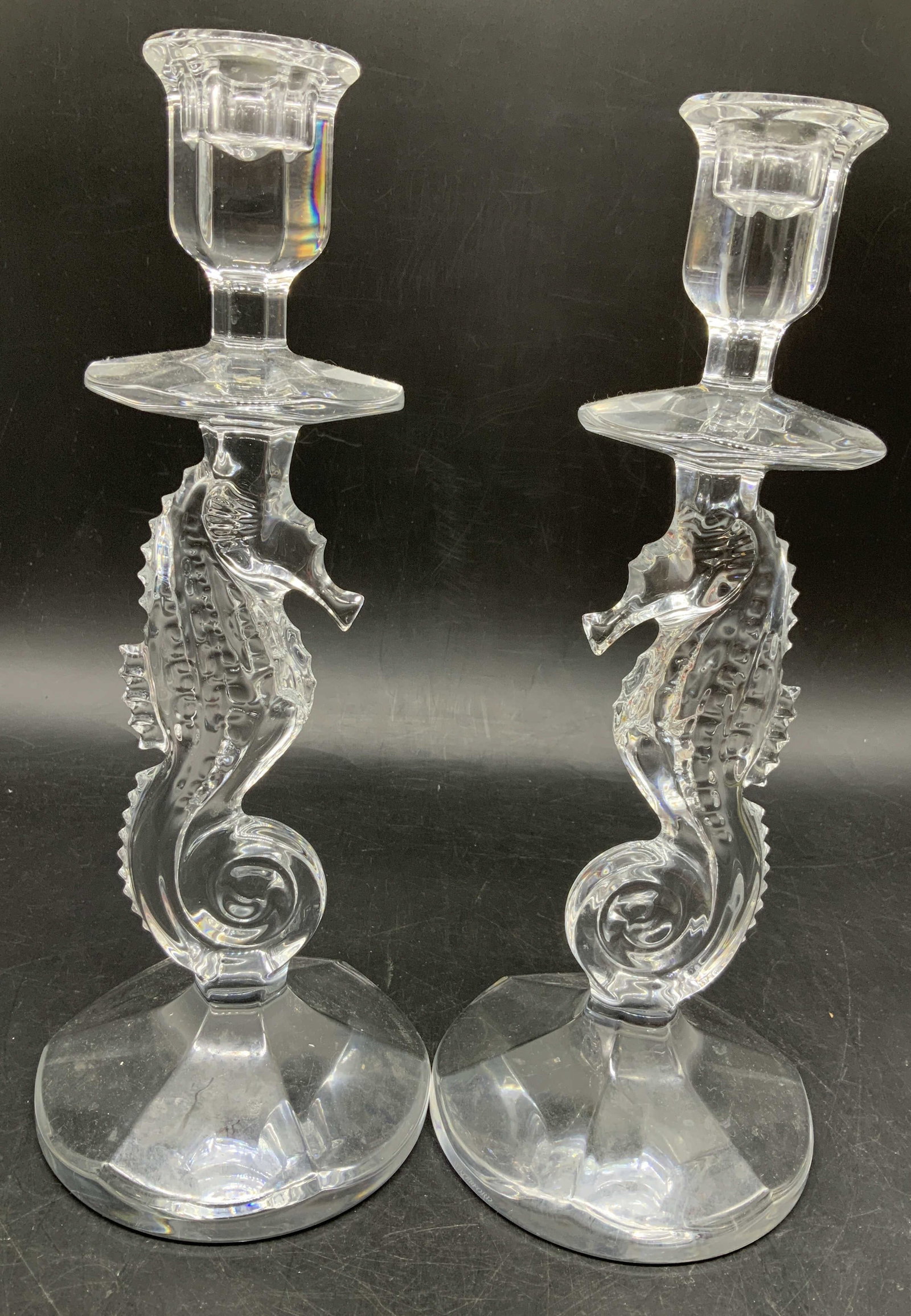 Pair Waterford Crystal Seahorse Candlesticks: Pair of signed Waterford Crystal Seahorse form Candlesticks, each with faceted circular base, each measures ht 12 inches, , lc