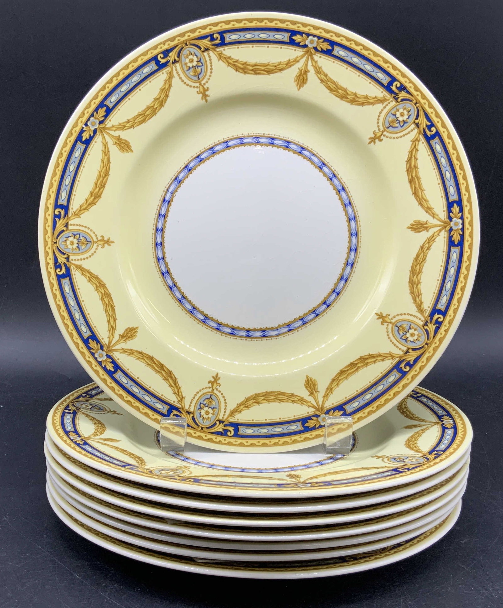 Set 8 Crown Ducal, English Porcelain Dinner Plates: Set Crown Ducal Plates, made in England, also marked Hudson on verso, features a yellow rim cobalt border and gilded wheat swags, each measures diameter 9 inches, fine English bone china