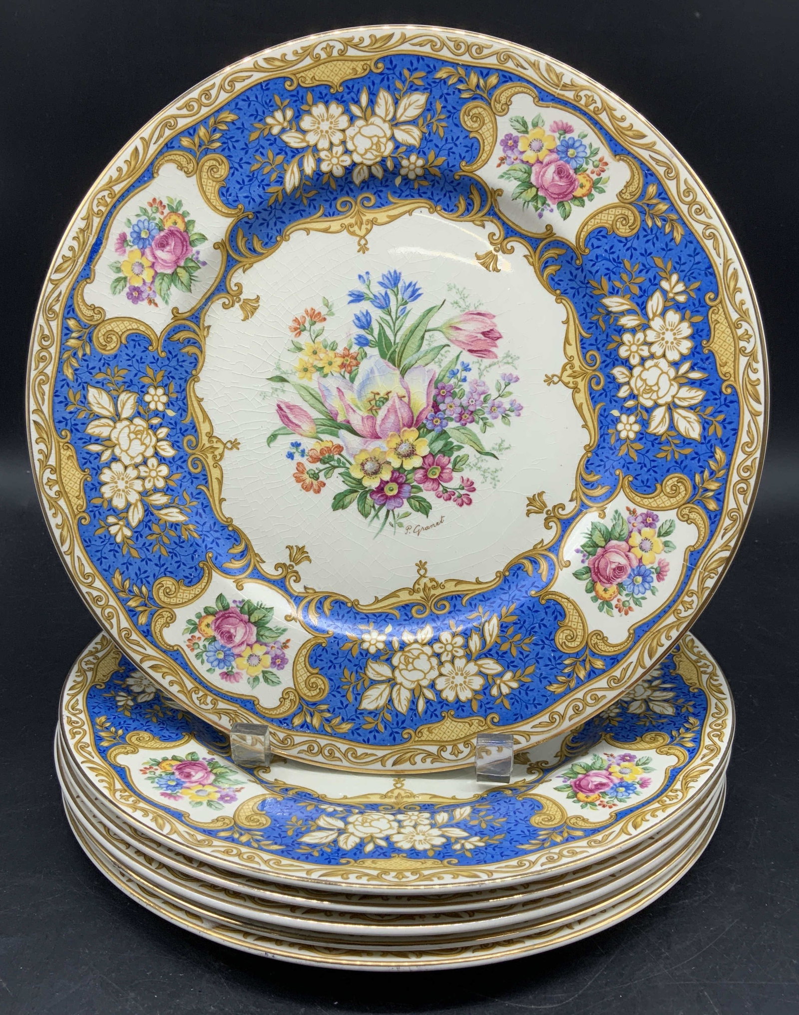 Set 6 MYOTT Staffordshire Dinner Plates, England: Set of six Myott Staffordshire Dinner Plates feature a vibrant blue gold and floral bouquet pattern manufactured by Myott, Son & Co, STAFFORDSHIRE England, pattern referred to as bouquet number 4744, 