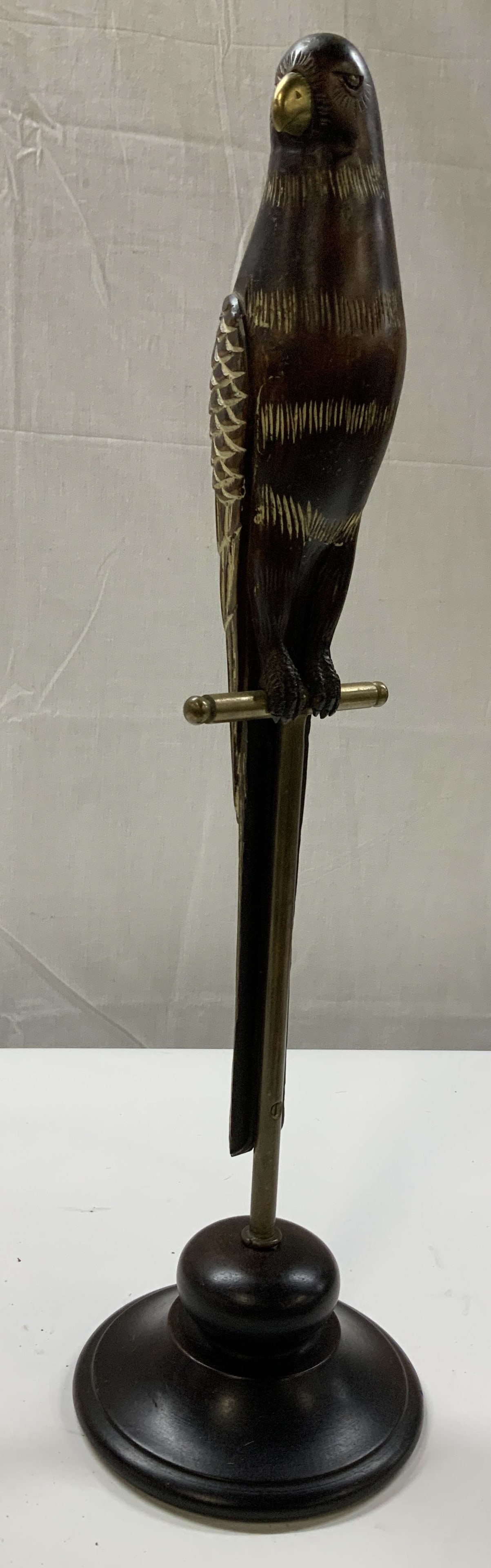 Vntg Carved Wood Brass Parrot Sculpture on Stand: Vintage parrot attributed to SARREID Ltd, Ltd Italian carved wood and brass parrot sculpture with brass details on a wood base with brass stand, decorative object, measures ht app 23.5 inches