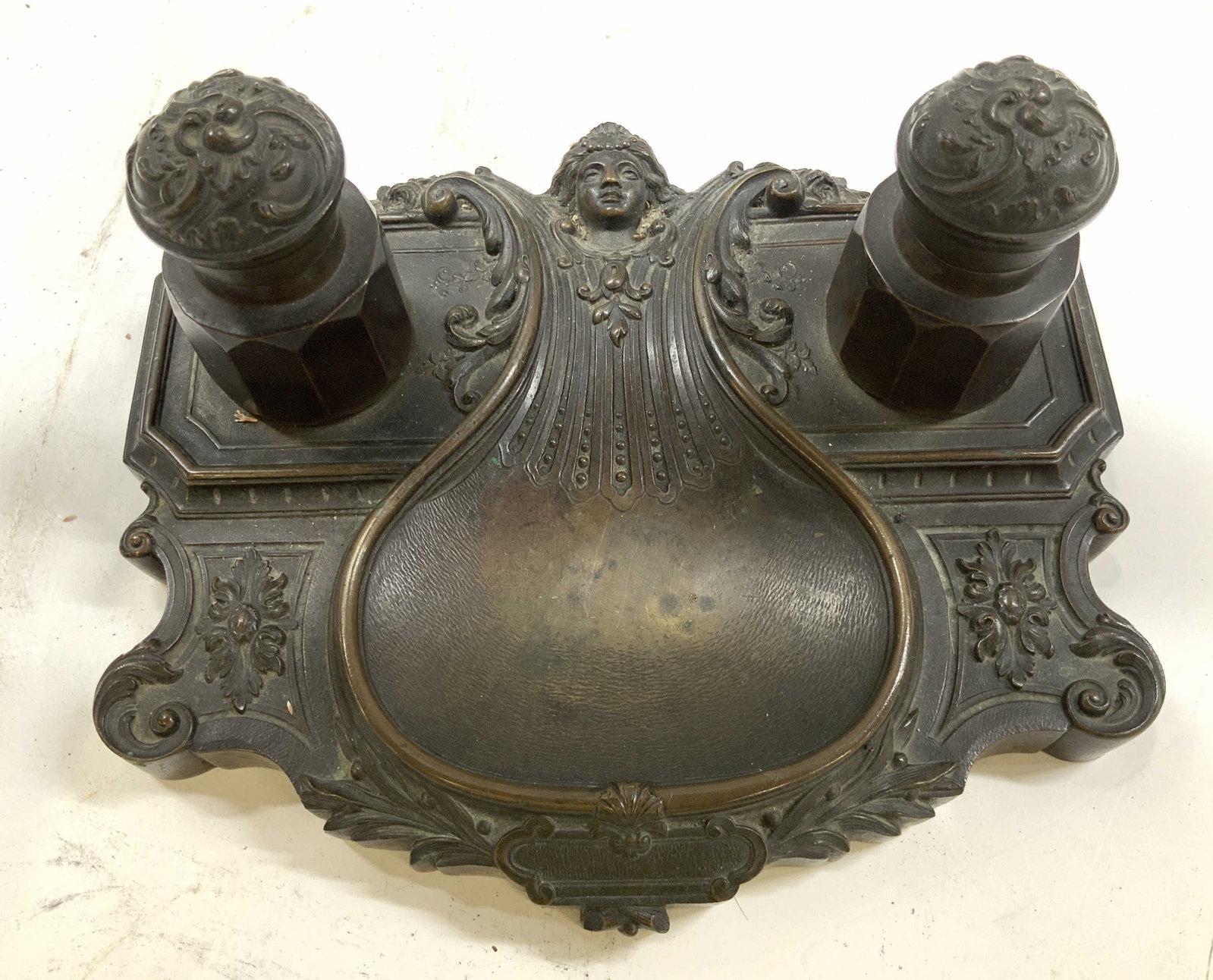 Antique French Art Nouveau Bronze Double Inkwell