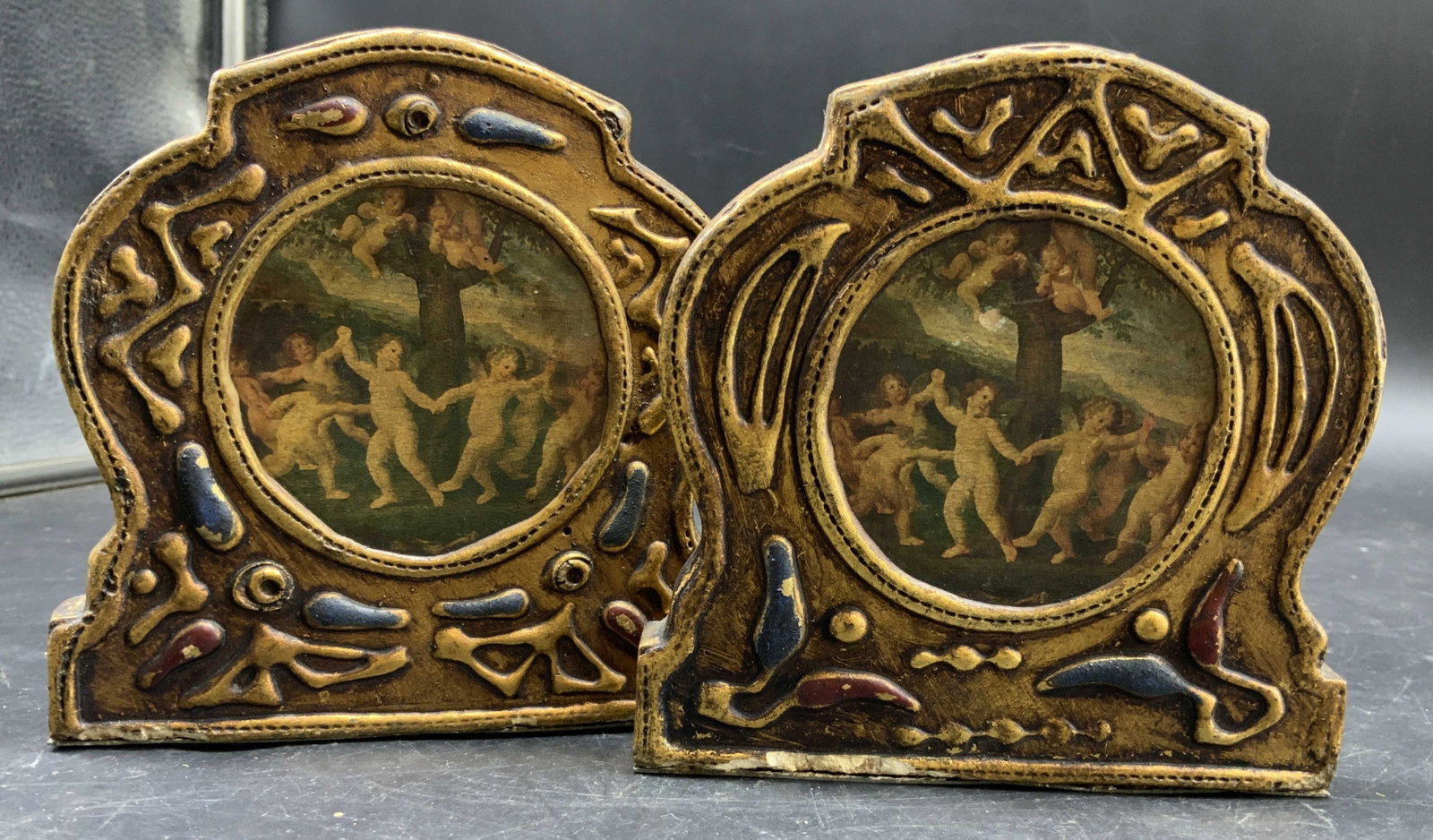 Pr Vntg Florentine Italian Book Ends , hand painted (1 of 14)
