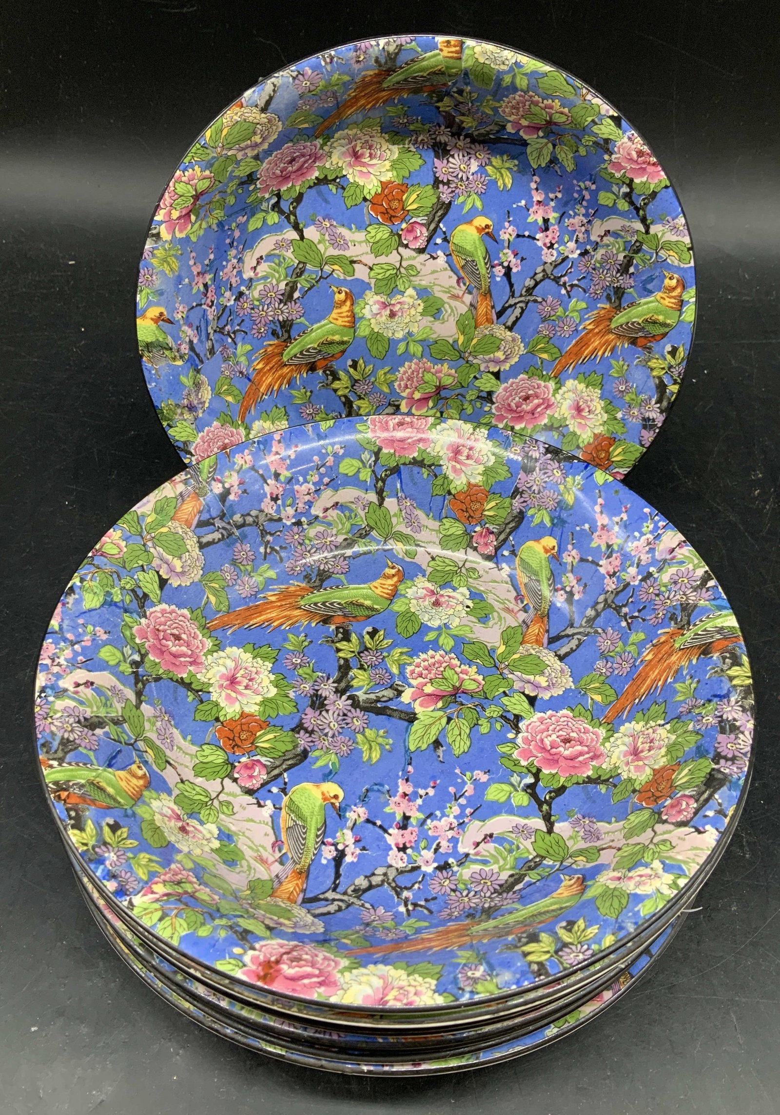 Set 9 Crown Ducal Blue Chintz Plates, Eng