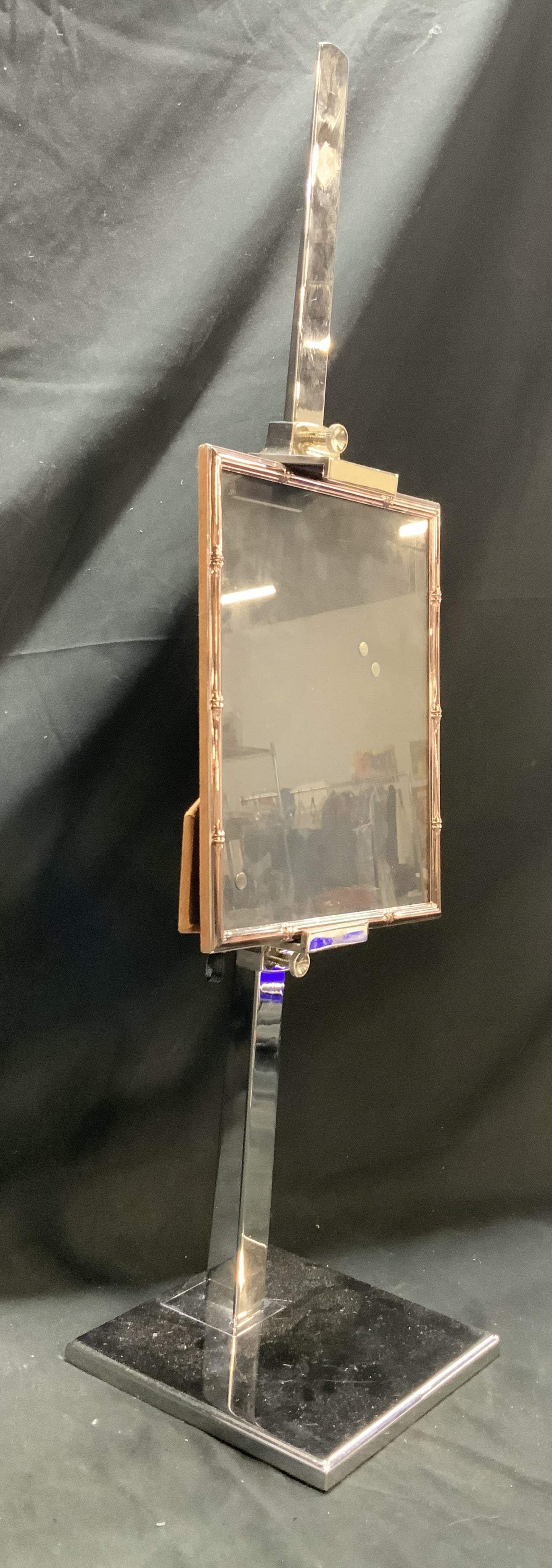 RH Adjustable Heavy Chrome Easel w Bamboo SP Frame: Restoration Hardware, label on underside, adjustable heavy polished chrome adjustable easel, art display stand, picture display stand comes with silver plate bamboo style photo frame, easel measures h