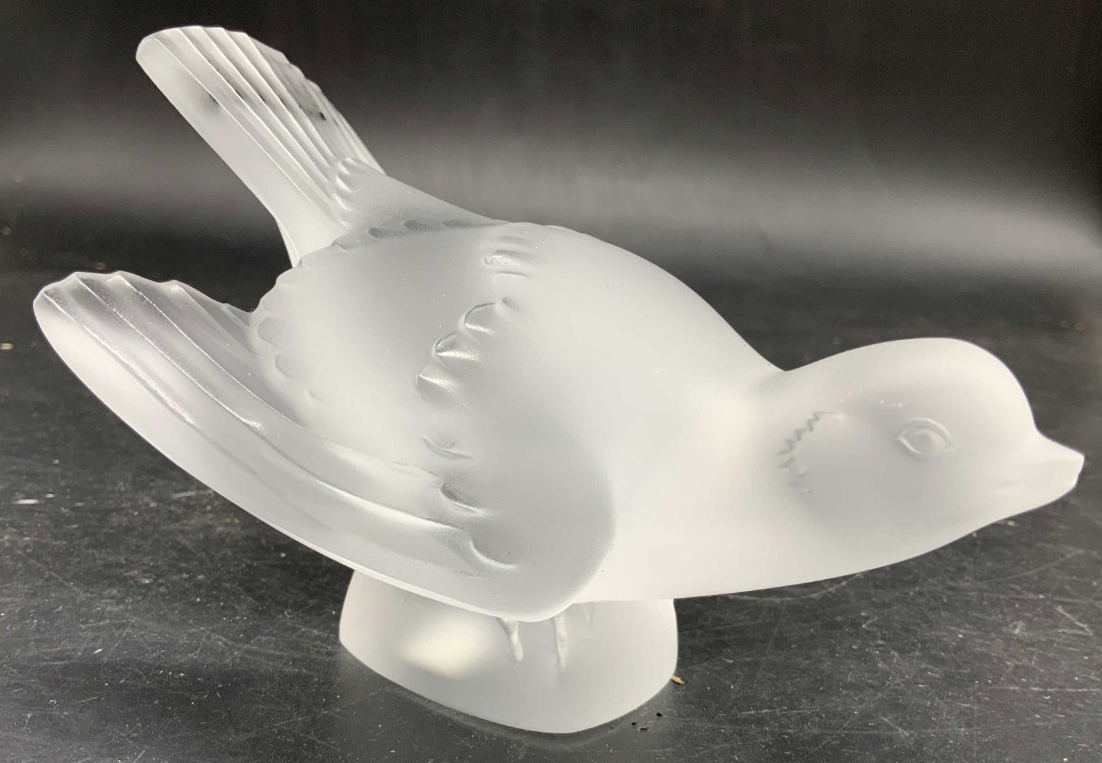 LALIQUE Sparrow Sculpture, France: Lalique France frosted crystal sparrow sculpture, signed underside, depicted with wings spread, measures ht app 3.5 inches, length app 6 inches depth app 4 inches, LC