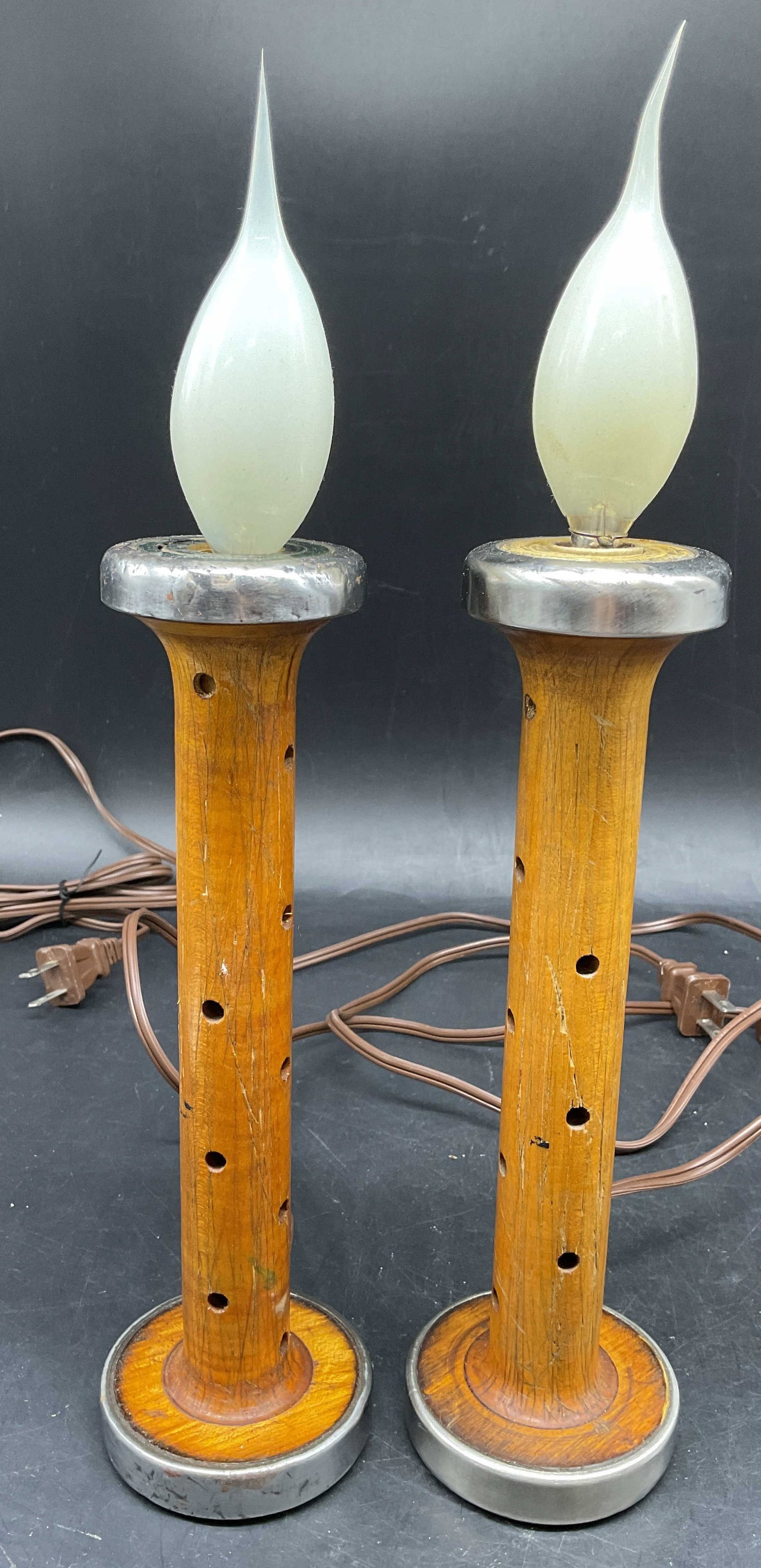 Pr Vntg Wood Textile Bobbins into Lamps: Pr Vintage industrial table lamps fashioned from repurposed wooden textile bobbins , the lamps include a metal base and top, repurposed primitives, Milling around collectibles, each measures app 13