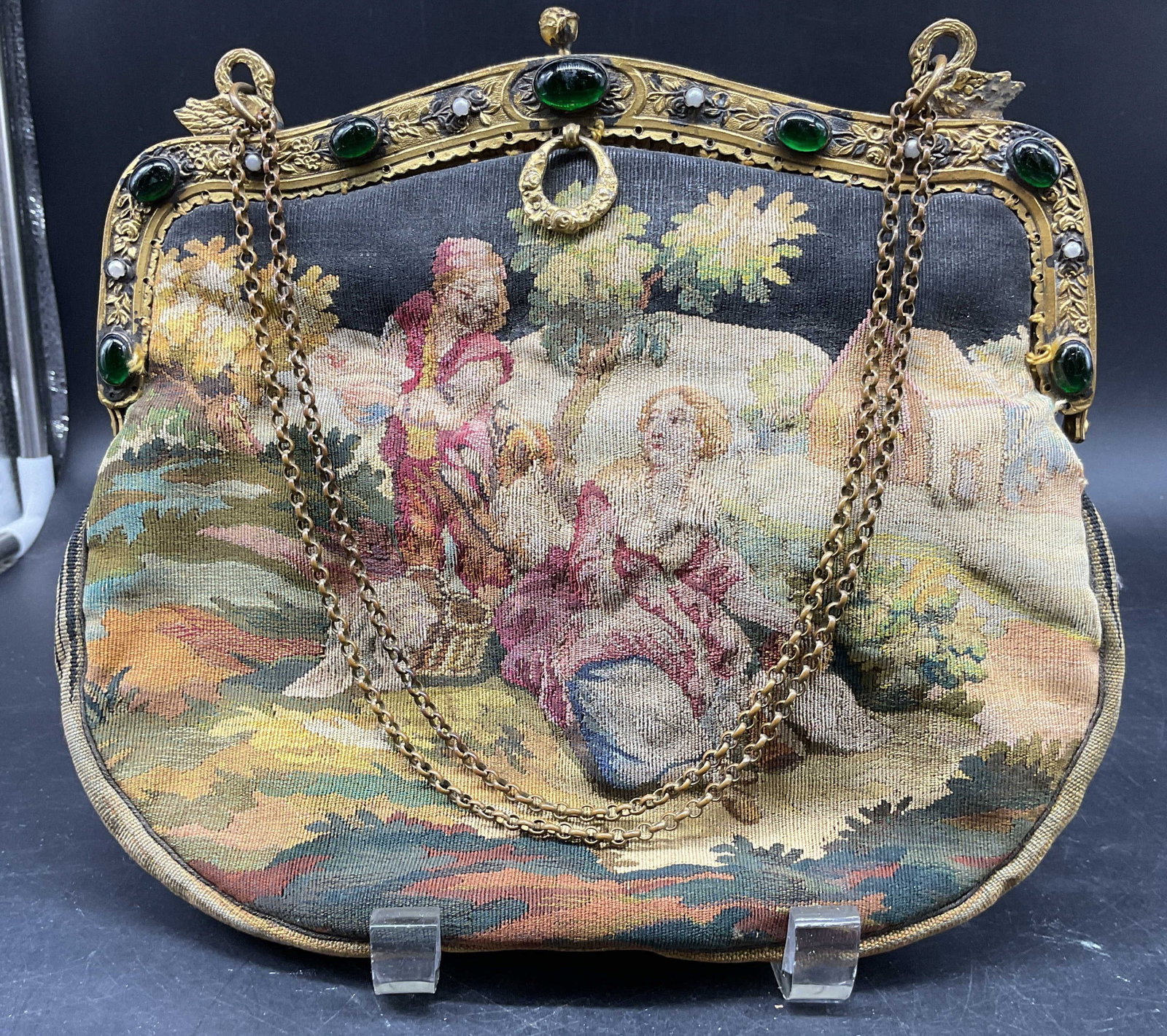 Spingarns Antq French Tapestry gilt jeweled purse: SPI garbs, Paris France, antique tapestry purse features an ornate gilt frame adorned with Green Jewels, antique French Aubusson Tapestry evening bag features romantic figural scene and verso a