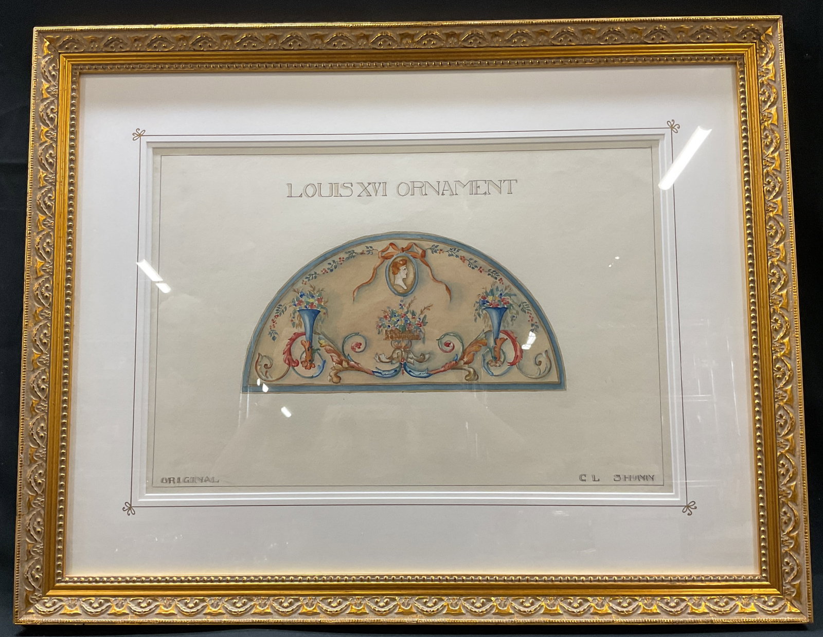 Louis XVI Ornament Framed Watercolor 29in: Framed art piece titled Louis XVI Ornament and features a hand painted water color fan design, the ornament is attributed to artist C.L. Shony and is styled after French 18th century Decorative arts,