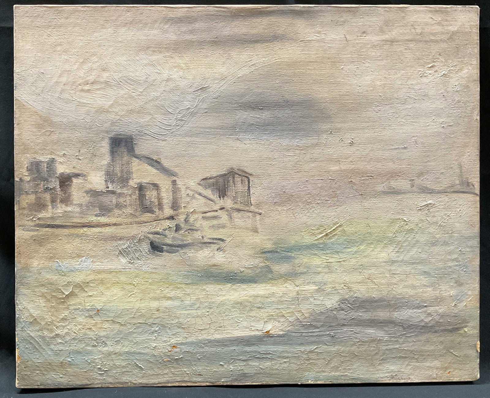 Impressionistic Coastal Oil Painting on Canvas: Impressionistic style oil painting on canvas, featuring muted tones of beige, gray, and hints of blues and greens, the composition shows a subtle textured depiction of a wintry town and coastal