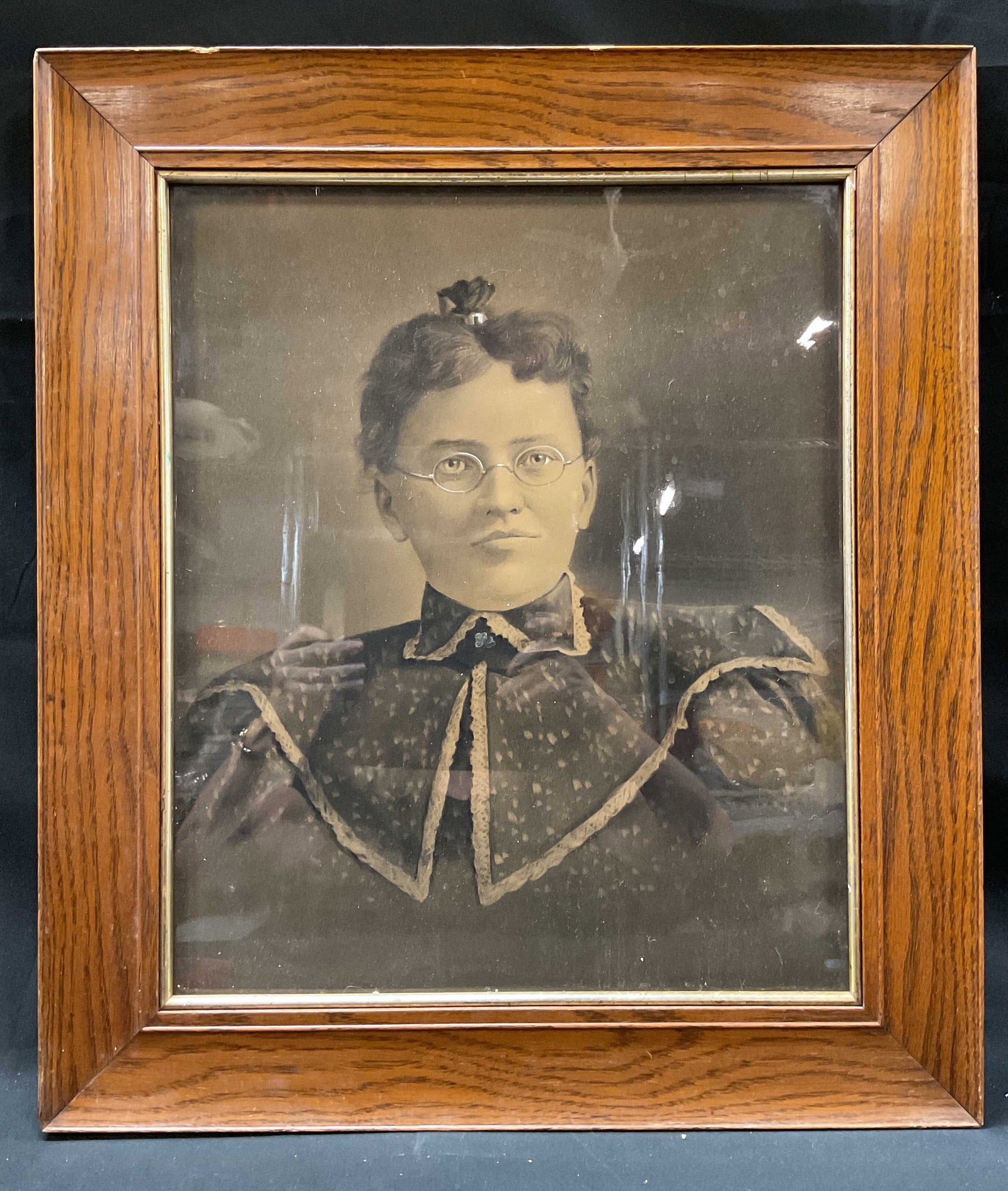 Antique Portrait Victorian Era CDVPhotograph: Antique Portrait a Victorian Era CDV photograph featuring a fashionable lady with glasses in a wide wood frame, the subjects style includes a detailed collar, and high hair style, typical of