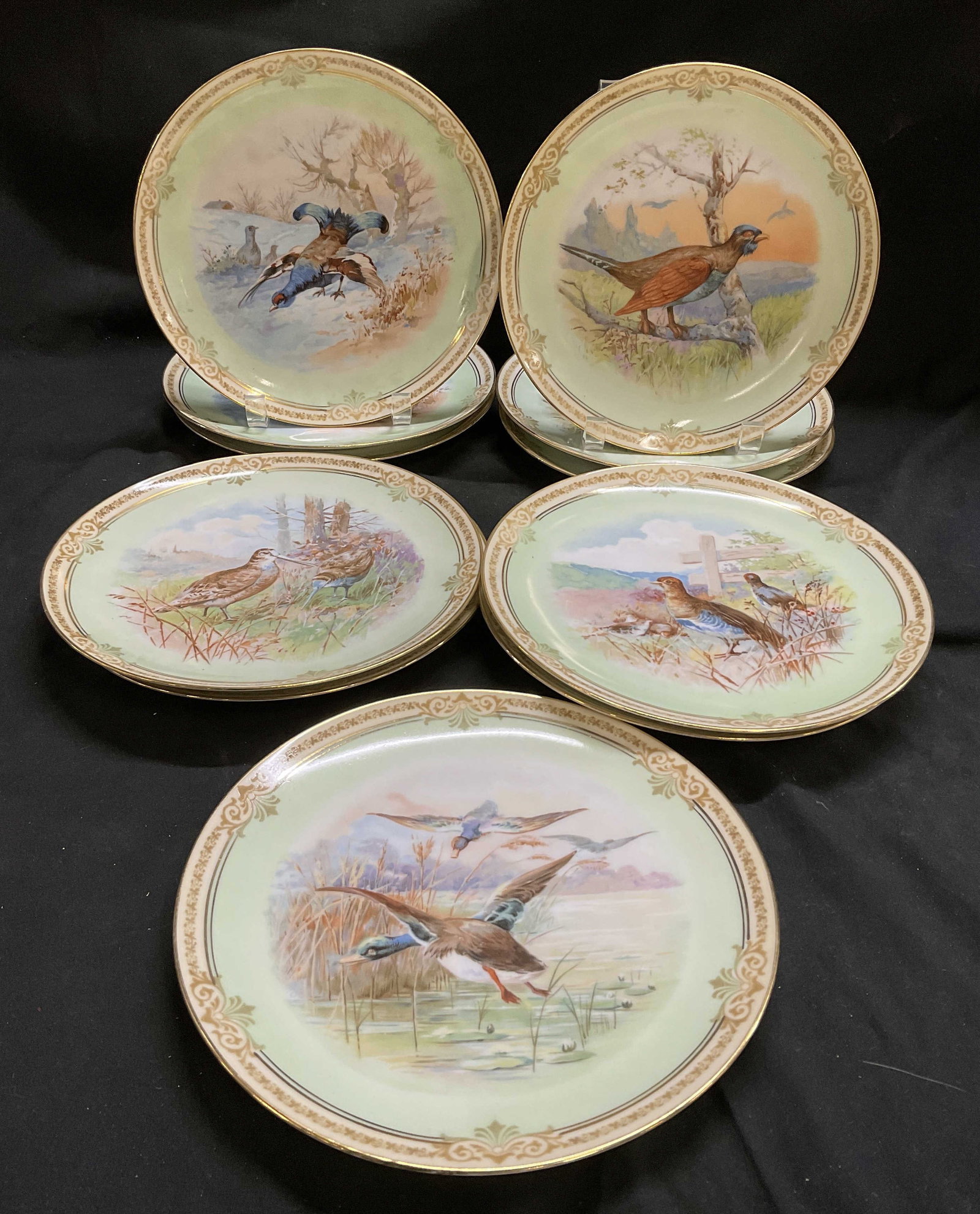 St11 ANTQ Imperial Crown China Bird Plates AUSTRIA: Set of 11 Antique Circa 1883-1914 Imperial Crown China Plates. Porcelain with Various Bird Designs. 1 Mallard Duck, 2 Eurasian Woodcocks, 2 Grey Partridges, 3 Common Pheasants, and 3 Black Grouse. Lig