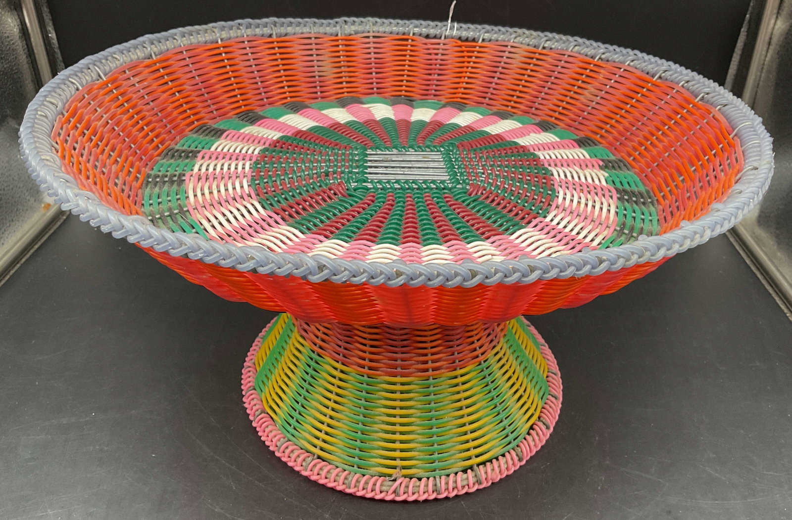 African Zulu Colorful Pedestal Bowl: Colorful African Zulu Basket Pedestal Bowl, center bowl, made from colorful plastic coated telephone wire in intricate woven concentric circle design , South African hand crafted artwork, measures ht 